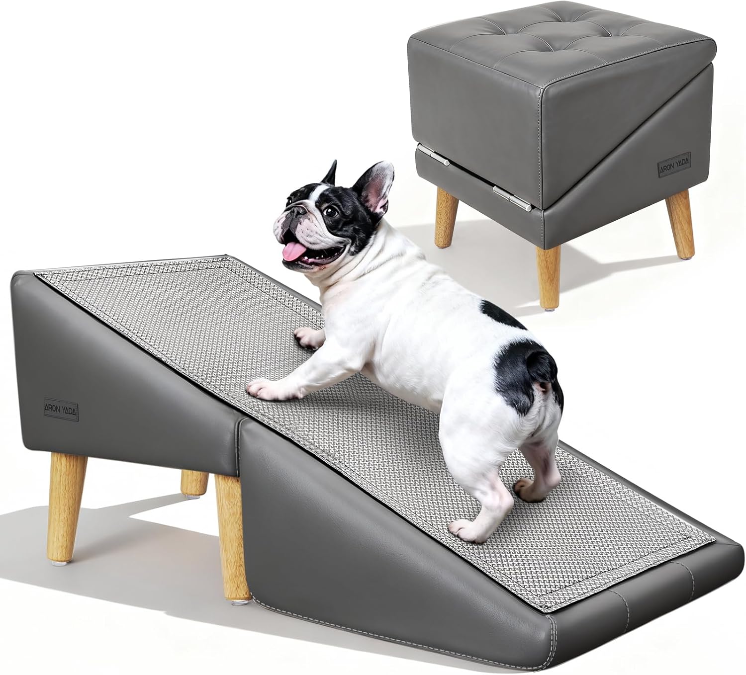 Dog Stairs for Small Dogs and Cats 16″ H – with Encrypted Dot-Grip Non-Slip Surface, 2-in-1 Pet Ramp & Steps for Bed/Couch, Foldable Split Ottoman with Solid Wood Frame, Sturdy & Portable for Puppies