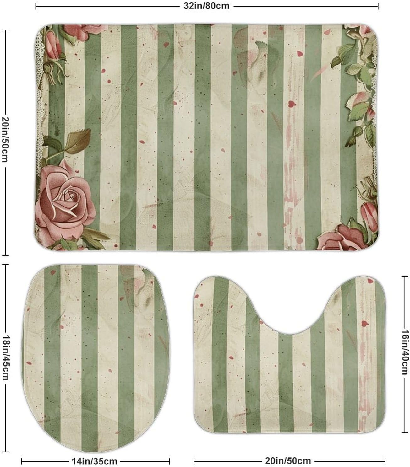 Anti-Skid Floor Mats 3 Piece Set,Roses and Green Plants Printed Coral Fleece Bathroom Mats U-Shaped Contour Mat Toilet Seat Cover for Bathroom, Tub, Shower, Kitchen 19.7"x31.5"