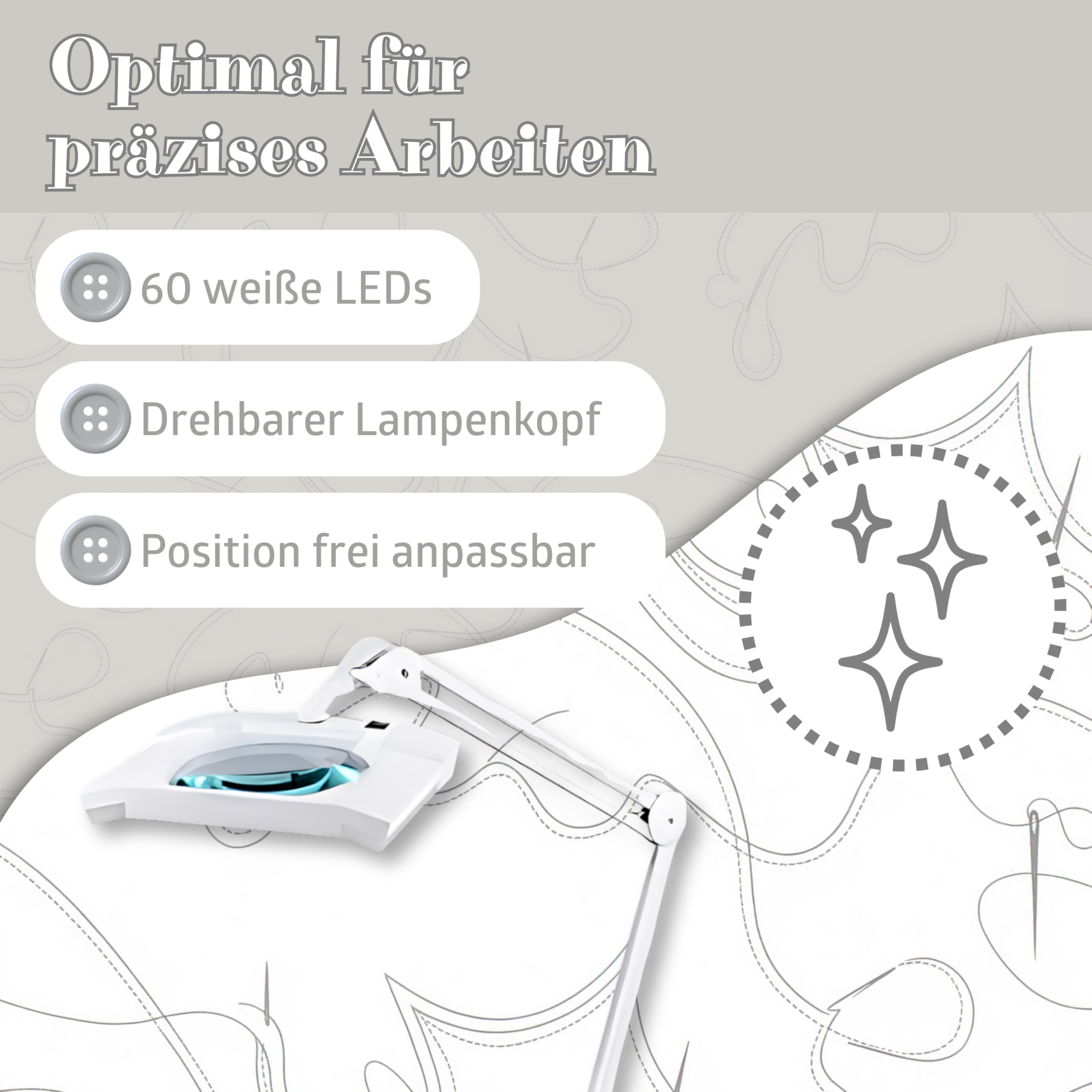 SEMPLIX LED Lupen-Stehlampe 3D weiß (Linse 189 x 157 mm/dimmbar/Standfuß mit Rollen)