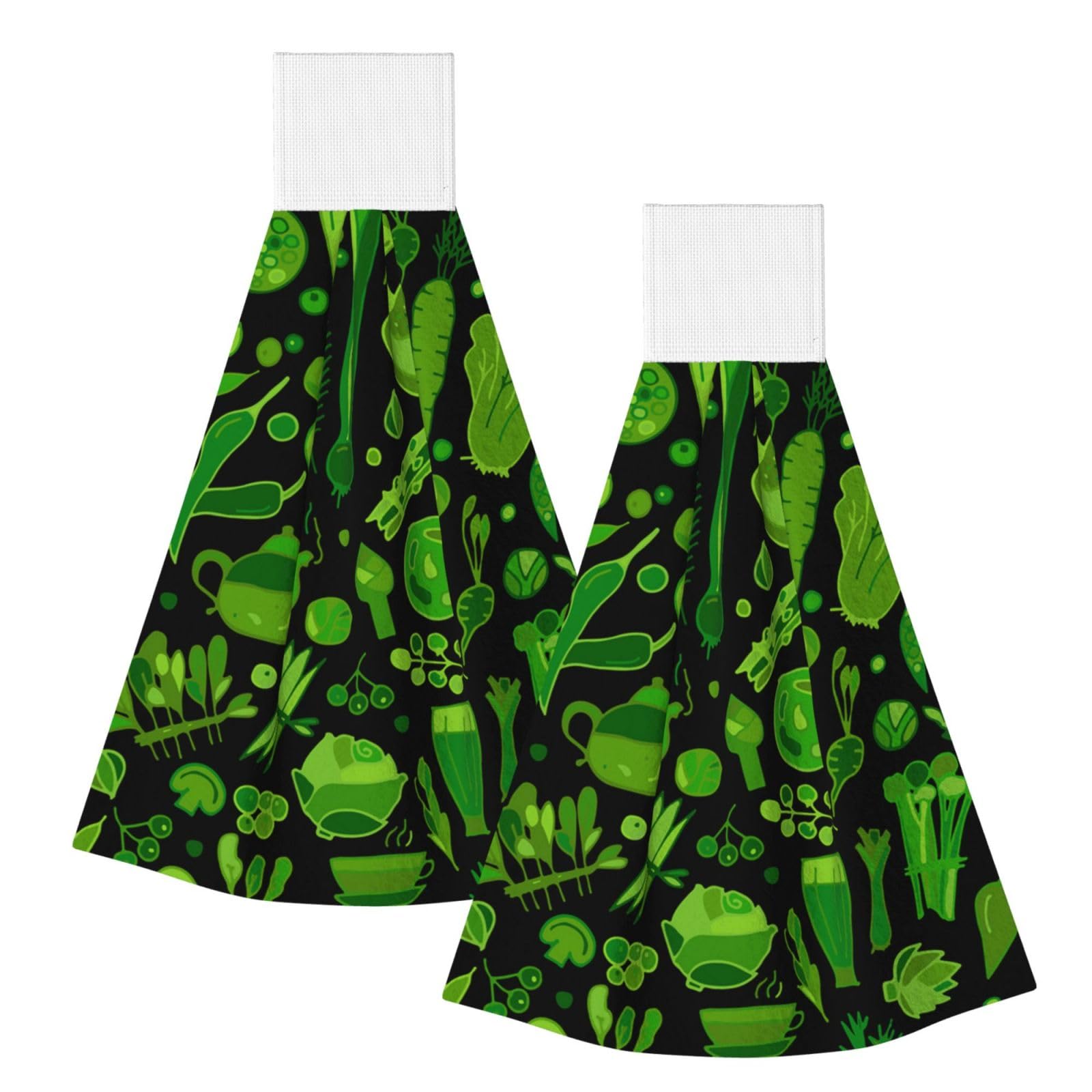 DOPKLNA Green Vegetables Pattern, 2 Pcs Hanging Coral Fiber Hand Towels for Bathroom, Absorbent Kitchen Towels