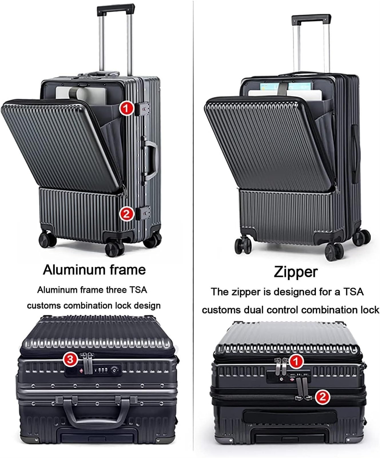 IRYZE Koffer Reisekoffer Vorne Öffnendes Aluminium-Kabinengepäck-Universalrad-Schlosskasten Für Geschäftsreisen Trolley Boardcase (Color : A, Size : 20 in)