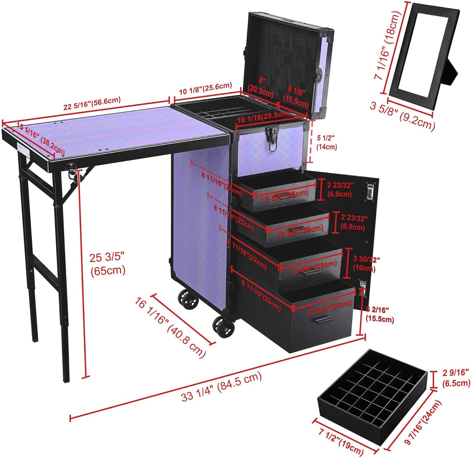 BYOOTIQUE Portable Nail Table with Storage Rolling Makeup Case with Drawers Traveling Manicure Table for Manicurist Nail Teach Makeup Artist Hairstylist Barbershop Beauty Salon, ForgetMeNot Purple