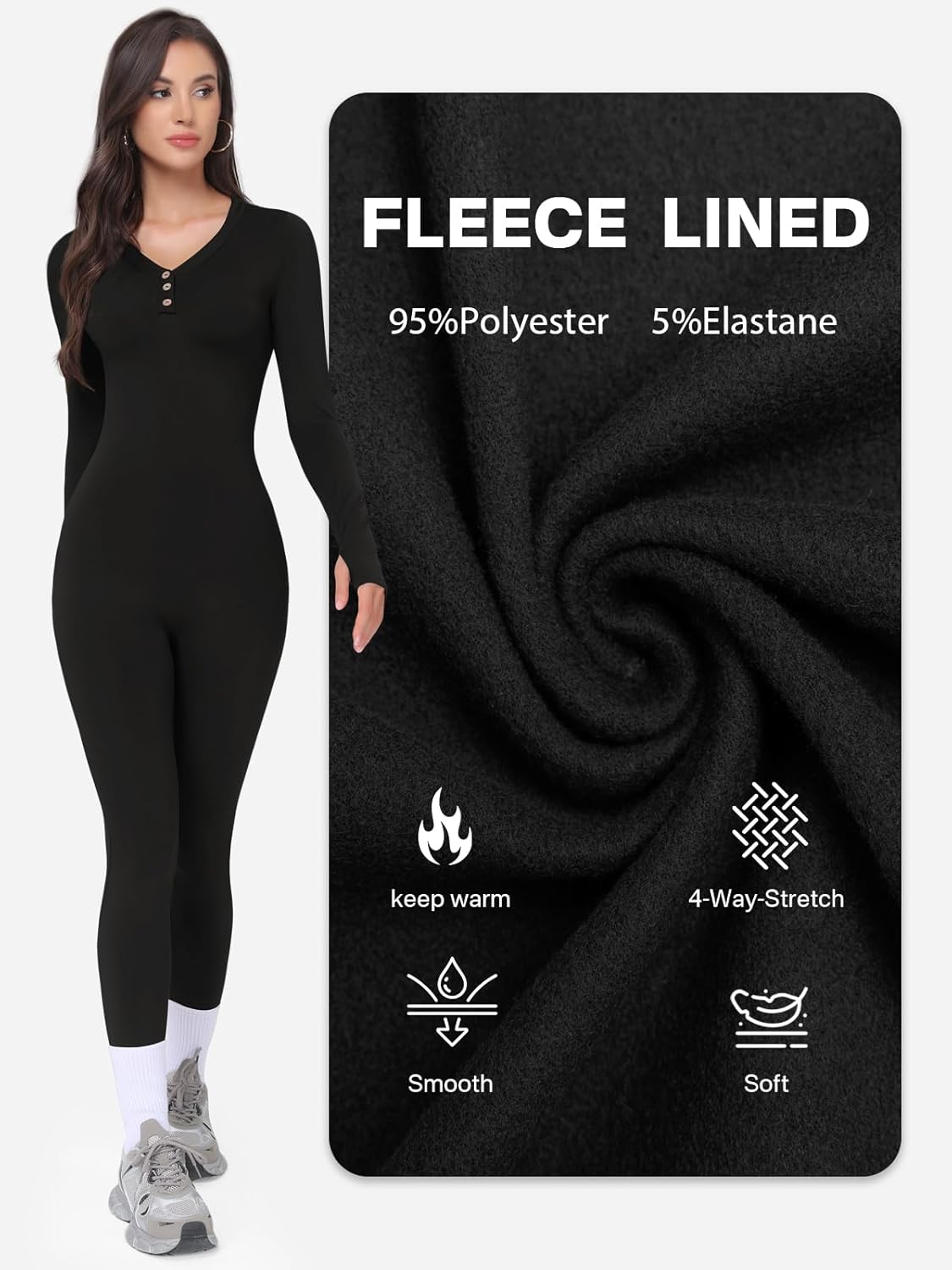 VUTRU Long Sleeve Jumpsuit for Women One Piece Fleece Romper Henley Collar Workout Bodycon Full Body Yoga Jumpsuits - Image 3