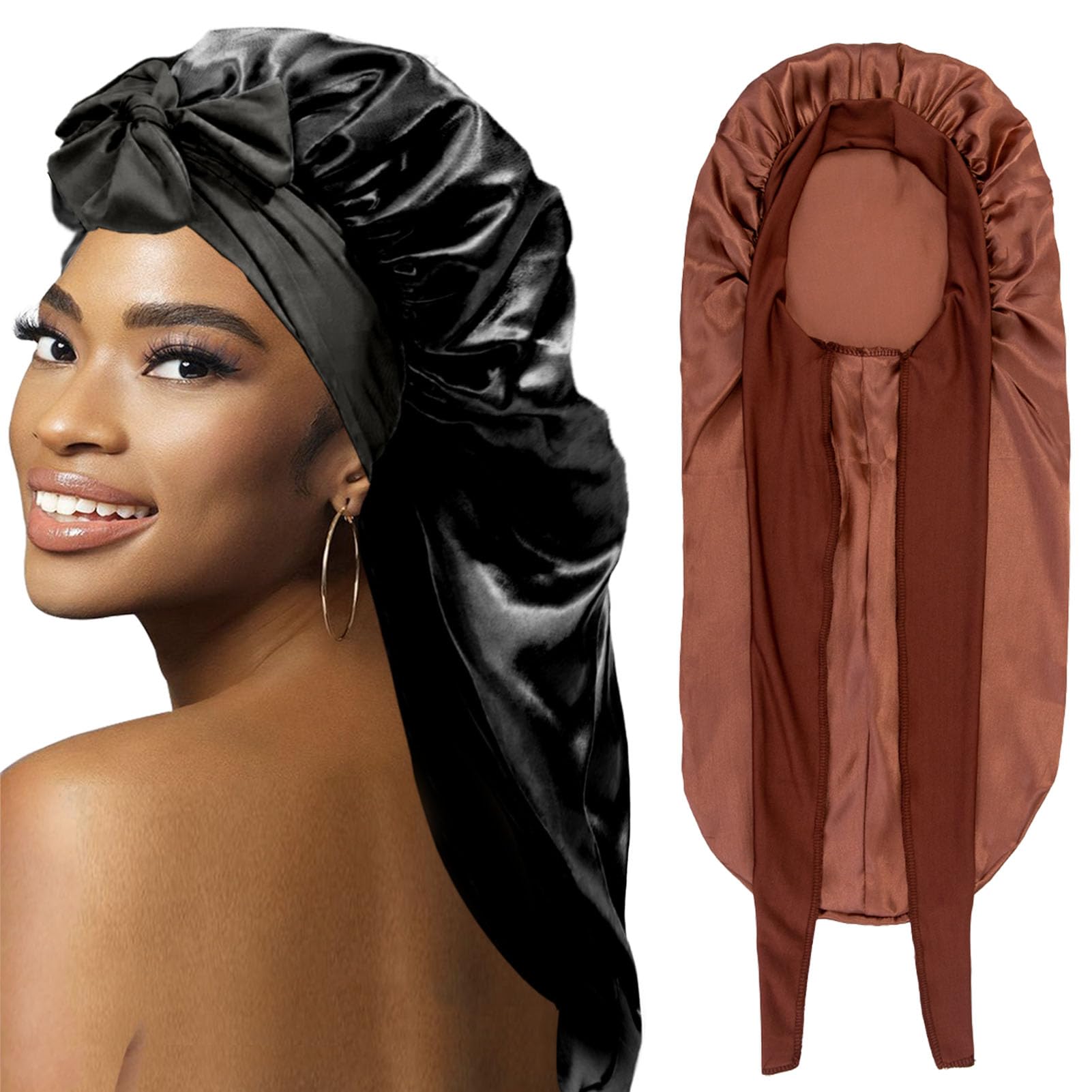 2Pcs Bonnets for Black Women Braid Bonnet, Large Long Satin Bonnet for Braids, Silk Bonnet with Stretchy Tie Band Sleep Cap Hair (2Pcs-Black&Brown)