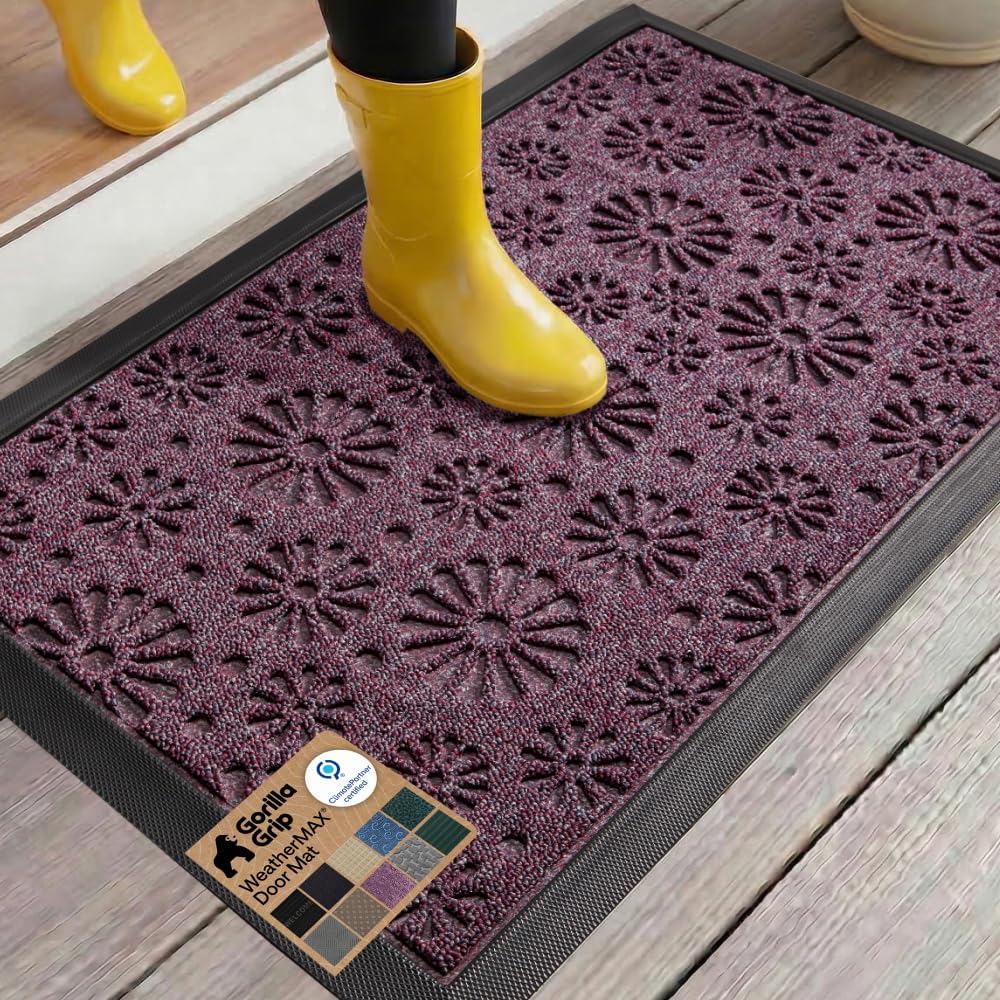 GORILLA GRIP 100% Waterproof All-Season WeatherMAX Doormat, Durable Natural Rubber, Stain and Fade Resistant, Low Profile, Indoor Outdoor Door Mats, Easy Clean Entry Mat, 29x17, Purple Confetti Daisy