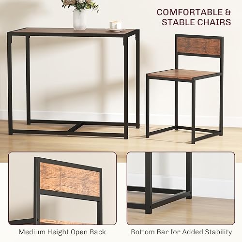 Miniatura 5 de HOMCOM Juego de mesa de comedor industrial de 3 piezas para 2, mesa de cocina y sillas, juegos de comedor para espacios pequeños, color marrón
