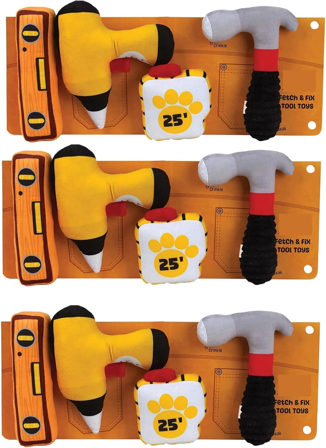 Dog Toy Pack 4 Tools in One Set Crinkle Squeak Fetch and Fix Fun Hammer Measuring Tape Drill and Level (Four Sets of Toys)