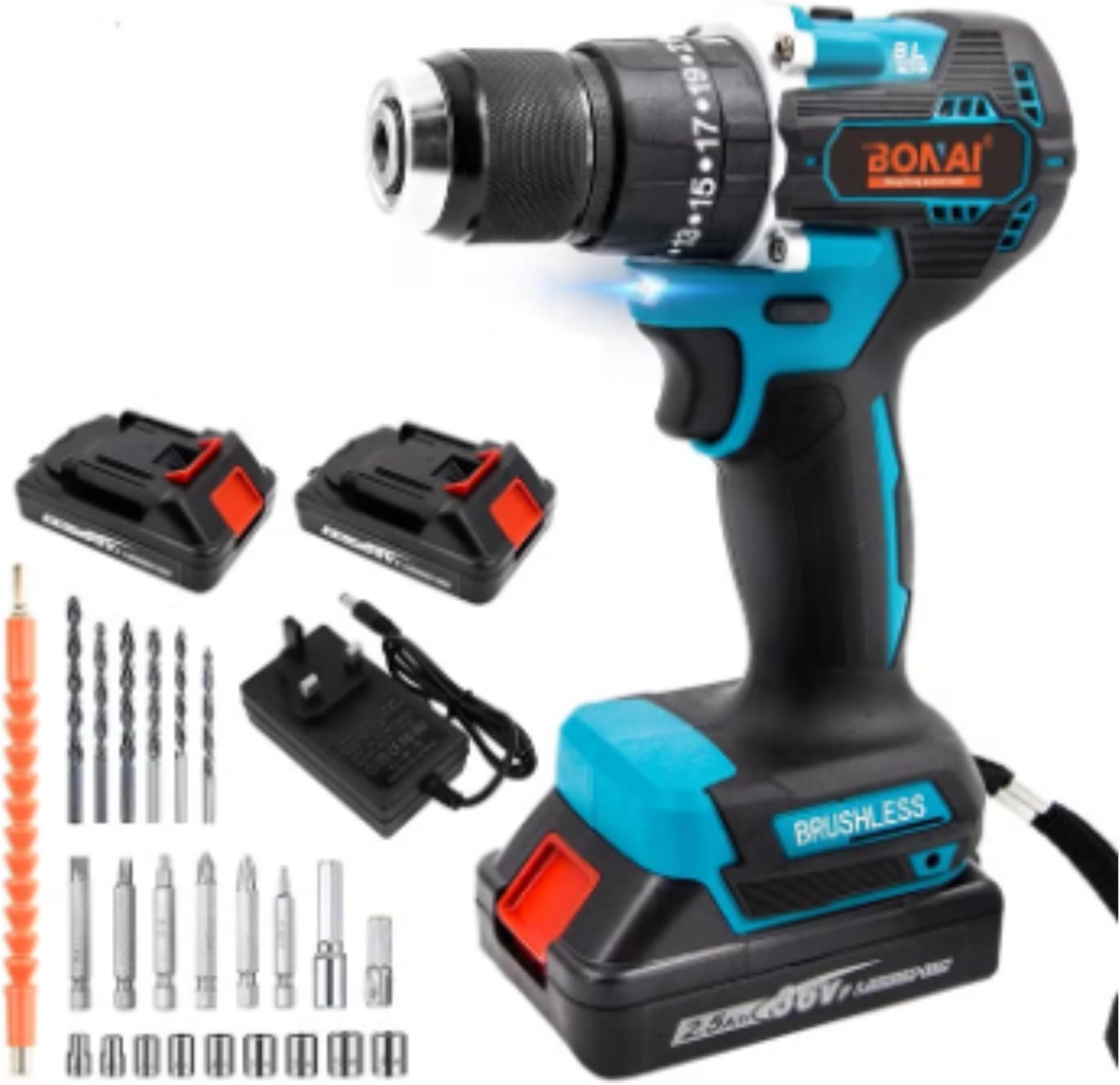 BOSS LIFE STYLE Bonai Powerful 36V Cordless Hammer Drill Set: 10mm Capability, 950 RPM Speed, 24 Accessories, Perfect for Metal, Wood, and Wall Projects with Twin Batteries