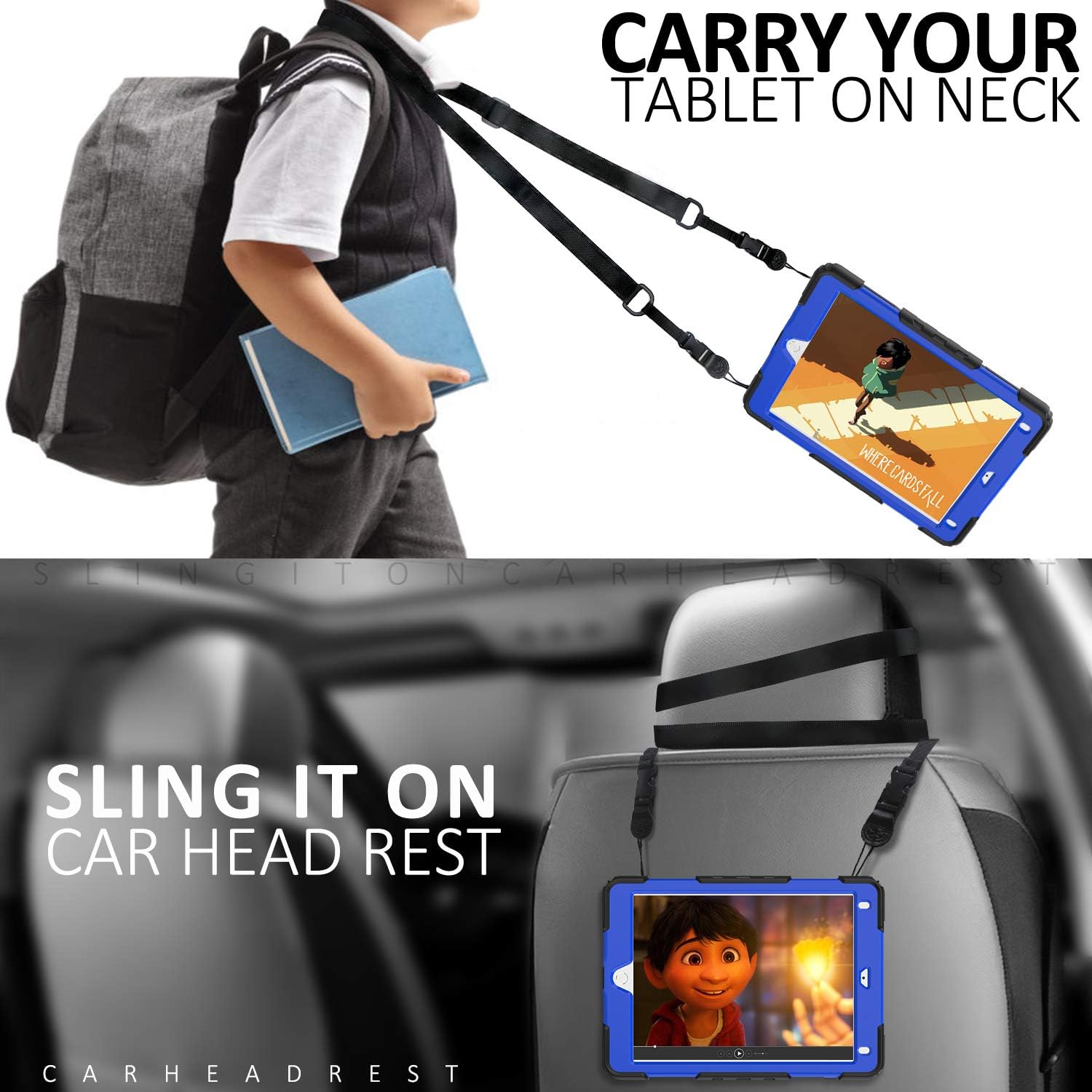 Super Brands iPad 6th/5th Generation Case with Tempered Glass Screen Protector, iPad 9.7 Case 2018/2017, [360° Rotatable Hand Strap & Kickstand] Ambison Full Body Protective Case with Pencil Holder (Blue & Black)