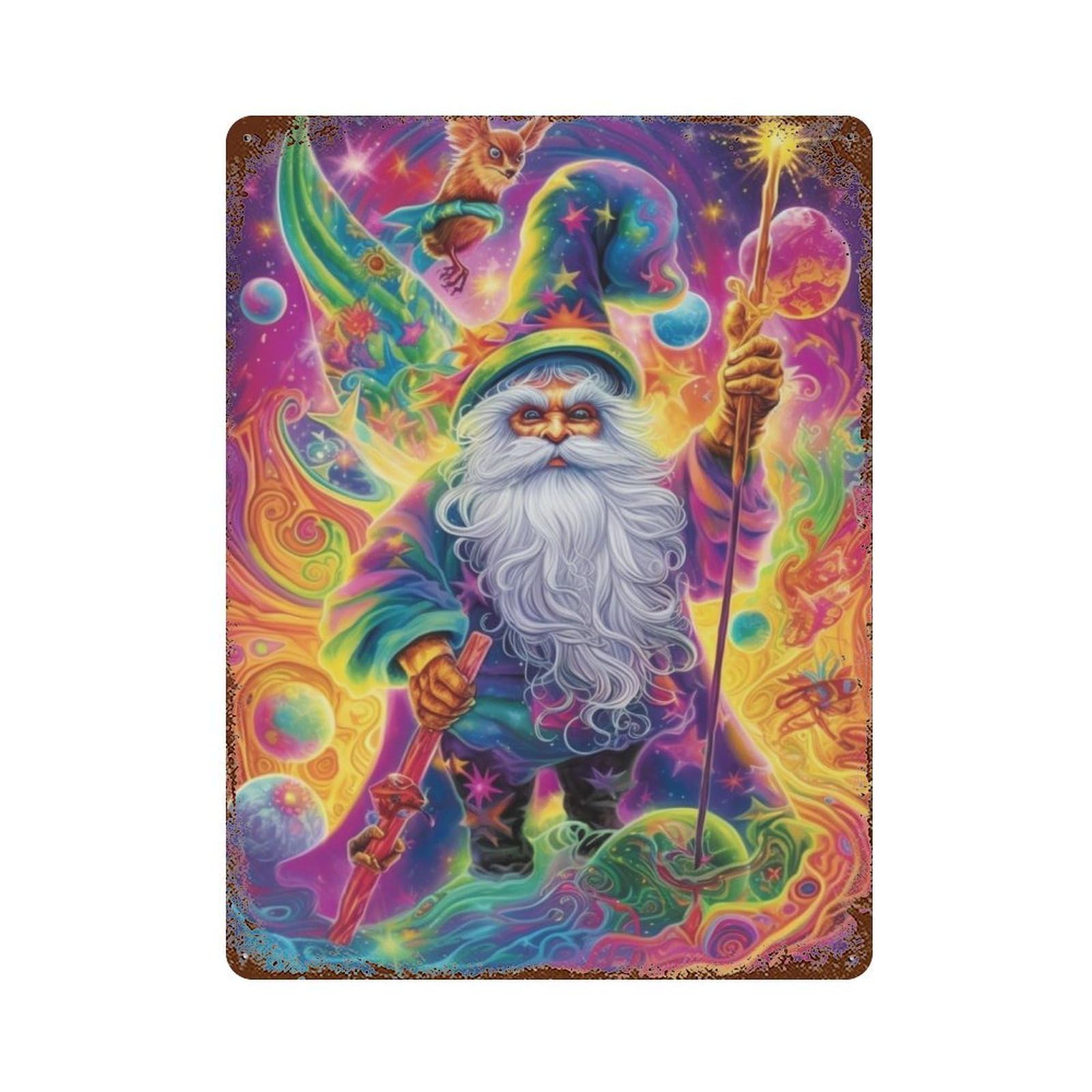 Magical Wizard Art Print Vintage Wall Sign 15.7"x11.8", Rust Effect Metal Decor for Shed, Workshop And Garage Wall Decor