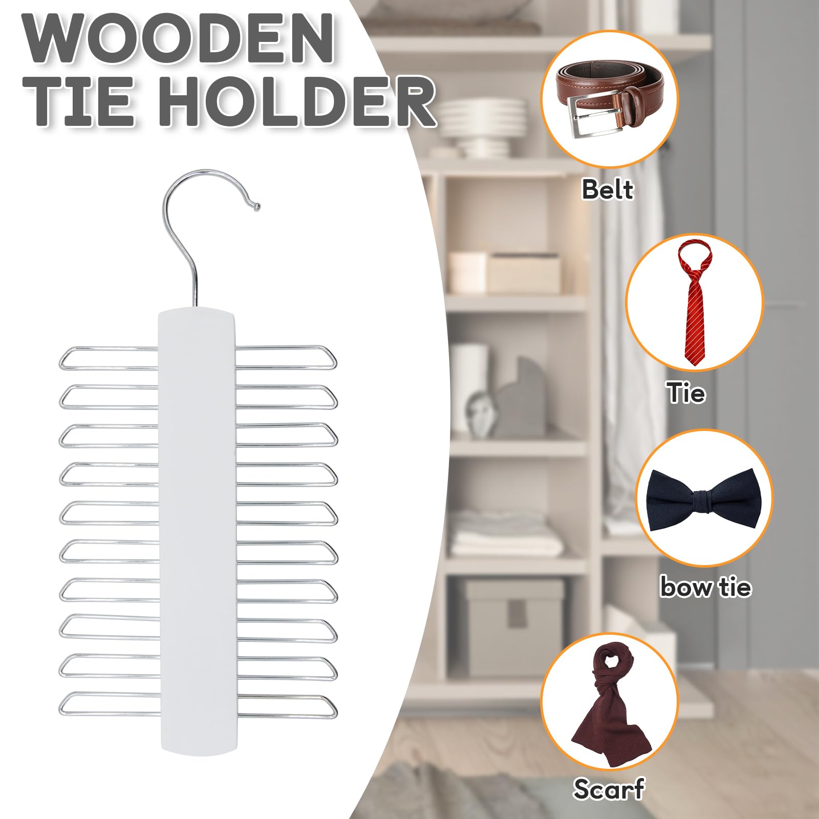 Kaizuca 2 Pezzo Portacravatte, Appendino per Sciarpe, Armadio Cravatte Appendi, con 20 Partizioni Metalliche ed Gancio Girevole a 360 Gradi, per Cravatte, Cinture, Foulard (Bianco