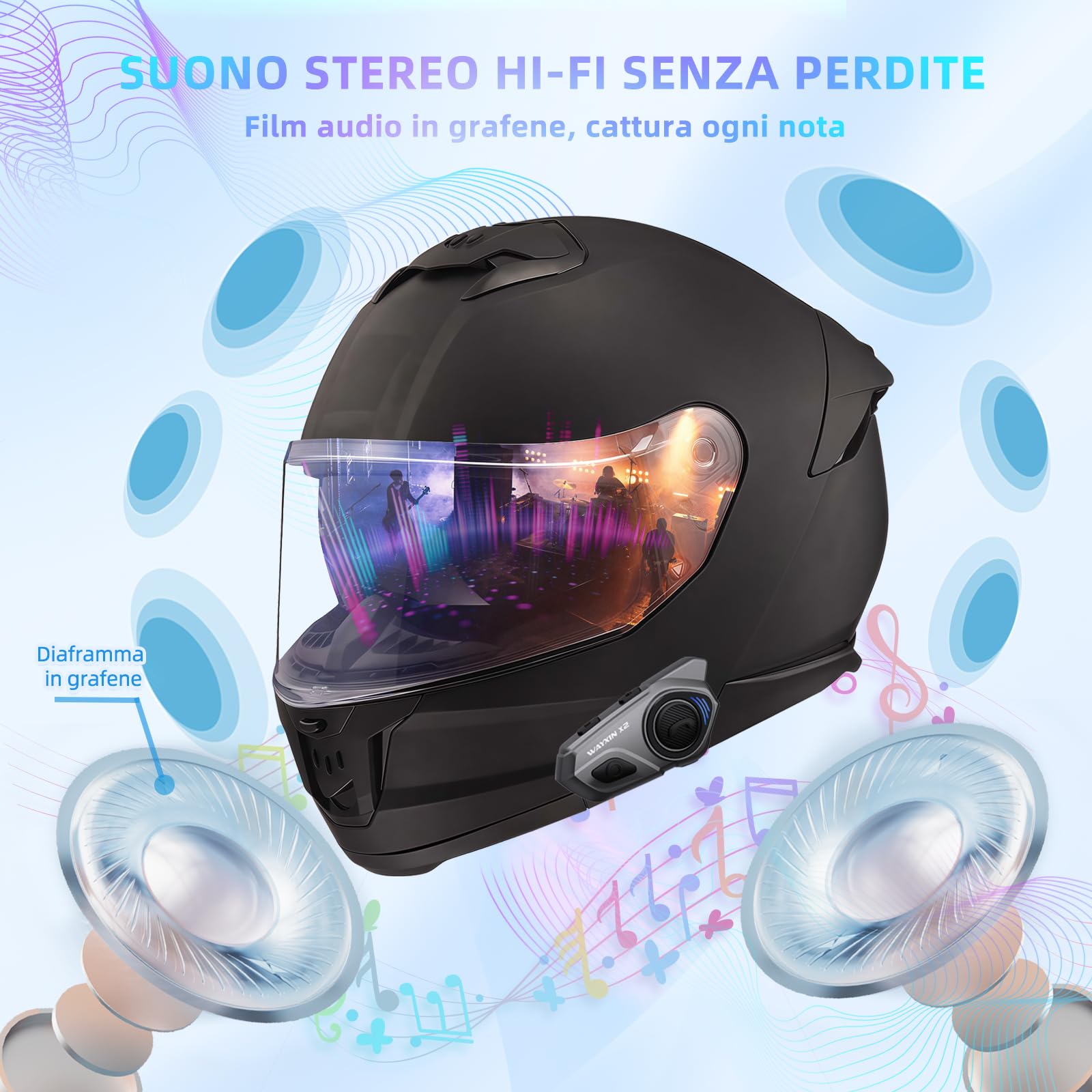 WAYXIN X2 - Citofono per moto, sistema interfono integrato, cuffie Bluetooth per fino a 4 moto, con HiFi/condivisione musica/radio FM/assistente vocale AI/impermeabile IP67, confezione doppia