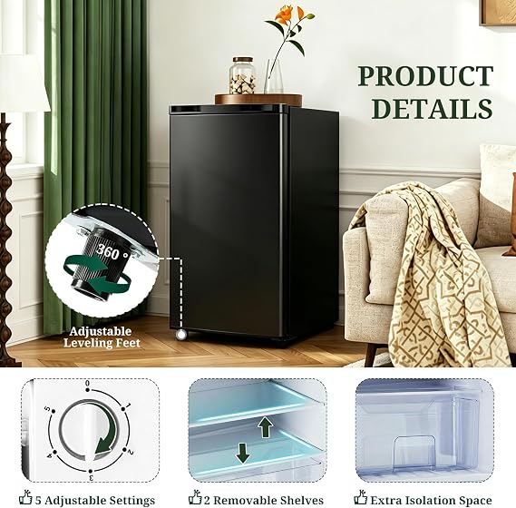 Mini Fridge with Freezer, 3.2 Cu.Ft Compact Single Door Refrigerator with Adjustable Thermostat, Low Noise & Energy Efficient (0.41kWh/Day), Small Fridge for Bedroom, Dorm, Office, Apartment (Black)