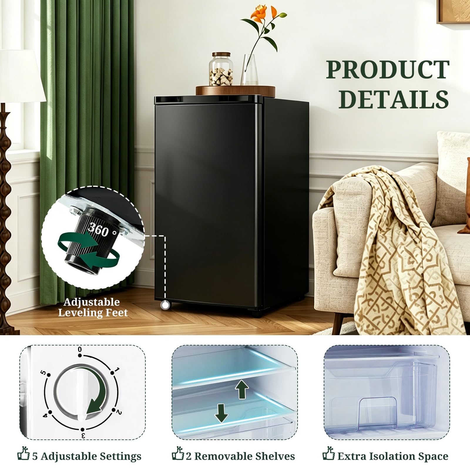 Mini Fridge with Freezer, 3.2 Cu.Ft Compact Single Door Refrigerator with Adjustable Thermostat, Low Noise & Energy Efficient (0.41kWh/Day), Small Fridge for Bedroom, Dorm, Office, Apartment (Black) - 4