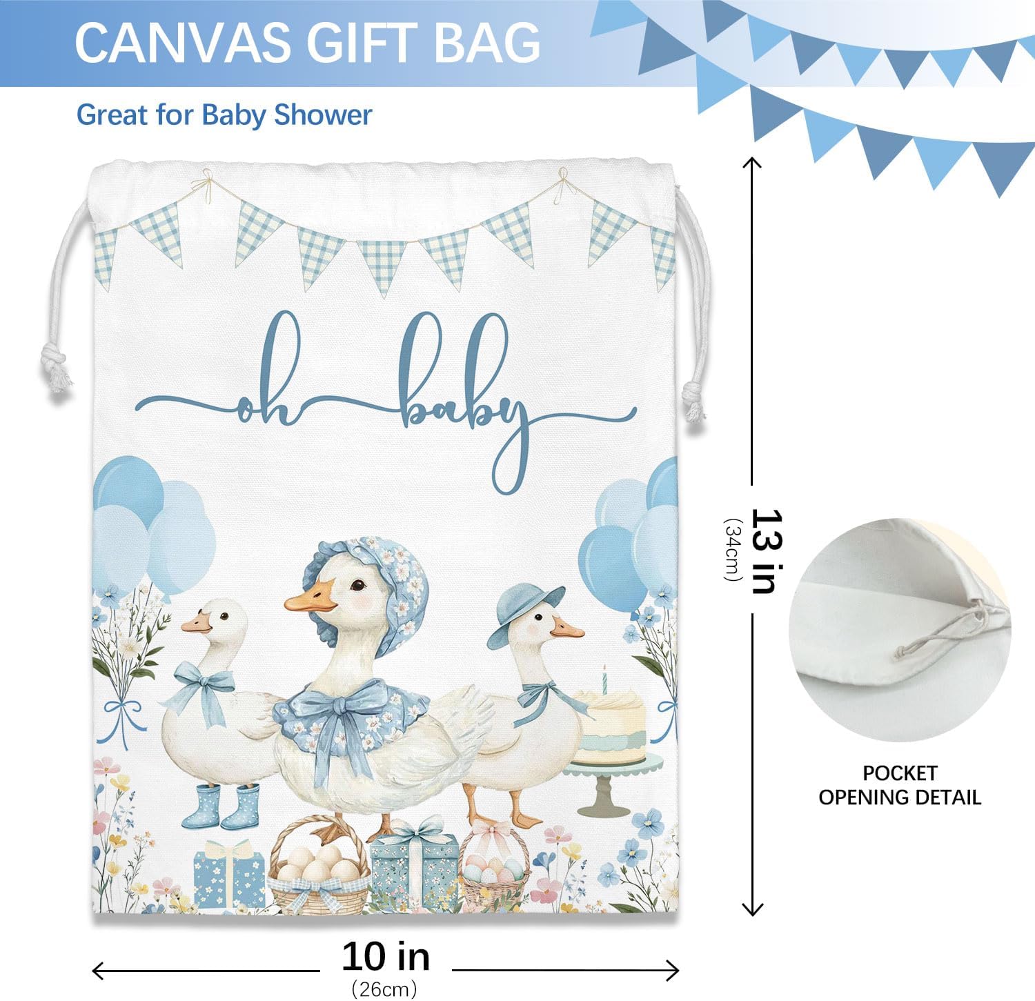 Cute Blue Silly Goose Birthday Drawstring Gift Bags for Party, Cute Goose Baby Shower Drawstring Gift Wrap Bags, Small Happy Birthday Bag Canvas, 10x13 Inch image 2