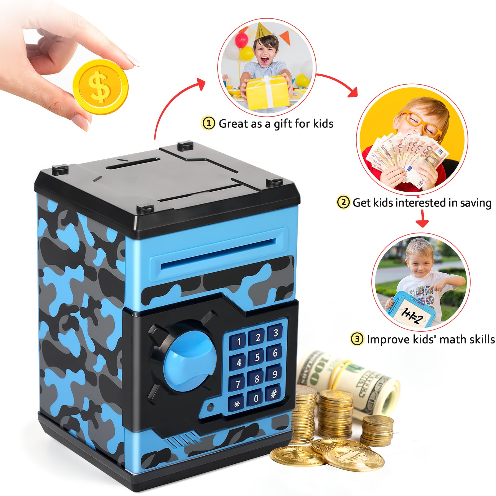 Amazon.com: ATM 存錢罐適合男孩女孩,Vcertcpl 迷你ATM 硬幣銀行省錢盒帶密碼的兒童安全錢罐成人附自動抓錢槽兒童玩具庫(