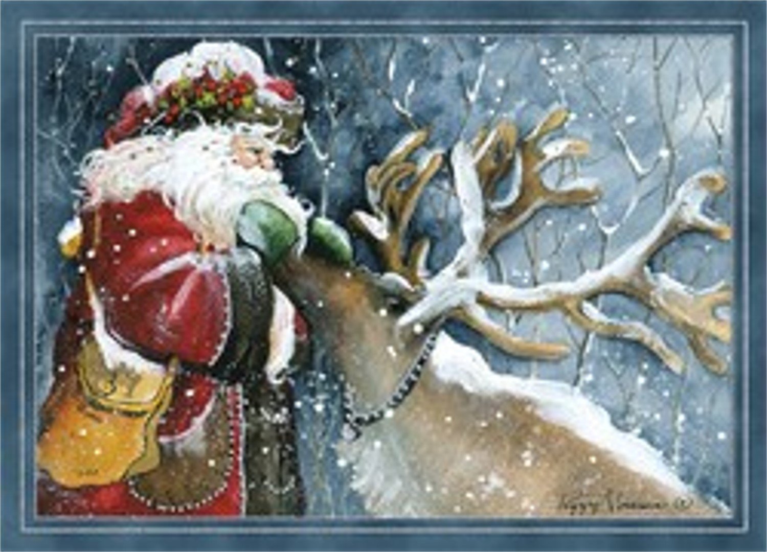 14 Embossed Foil Embossed Cards with Envelopes, Santa and Reindeer