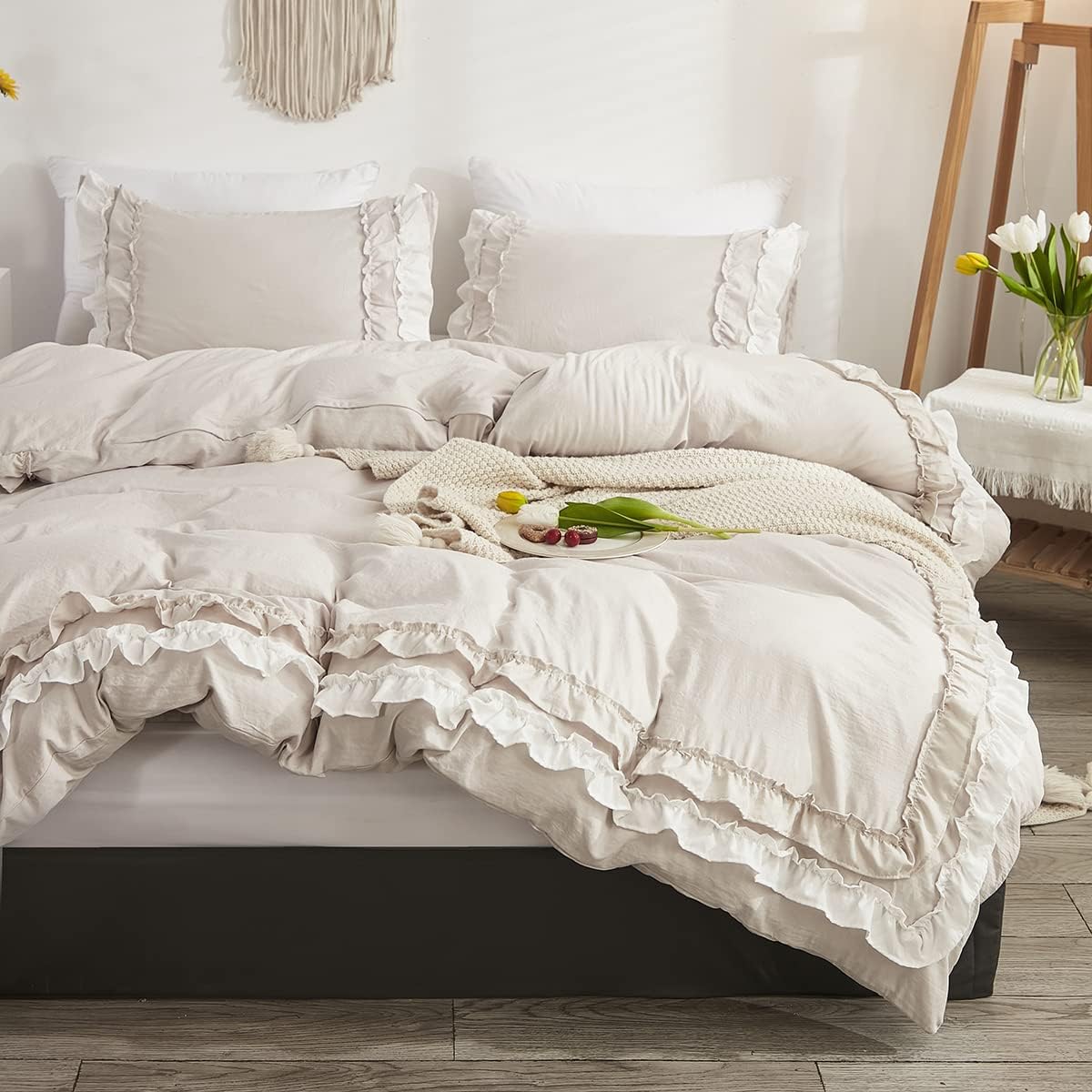 Beige Ruffled Duvet Cover Set Queen Size Vintage Ruffle Fringe Comforter Cover with 1 Row of Handmade White Ruffle,Farmhouse Rustic Microfiber Bedding,Zipper Closure,3 Pieces(No Comforter) - Image 3