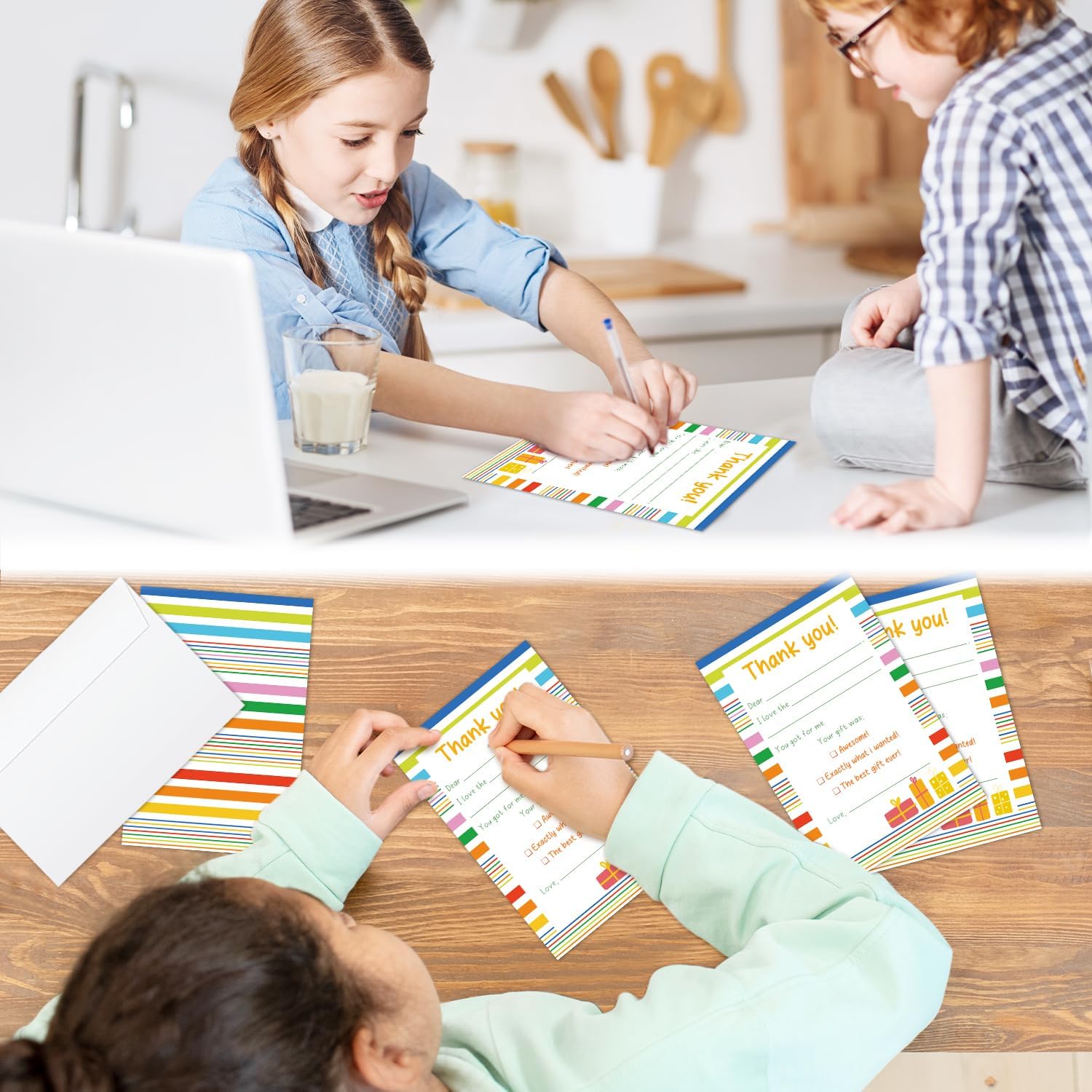 Colorful Stripes Kids Thank You Cards Fill in the Blank with Envelopes, Thank You Notes Kids 20 Card Set for Boys or Girls (4 * 6 inches) -01 - Image 5