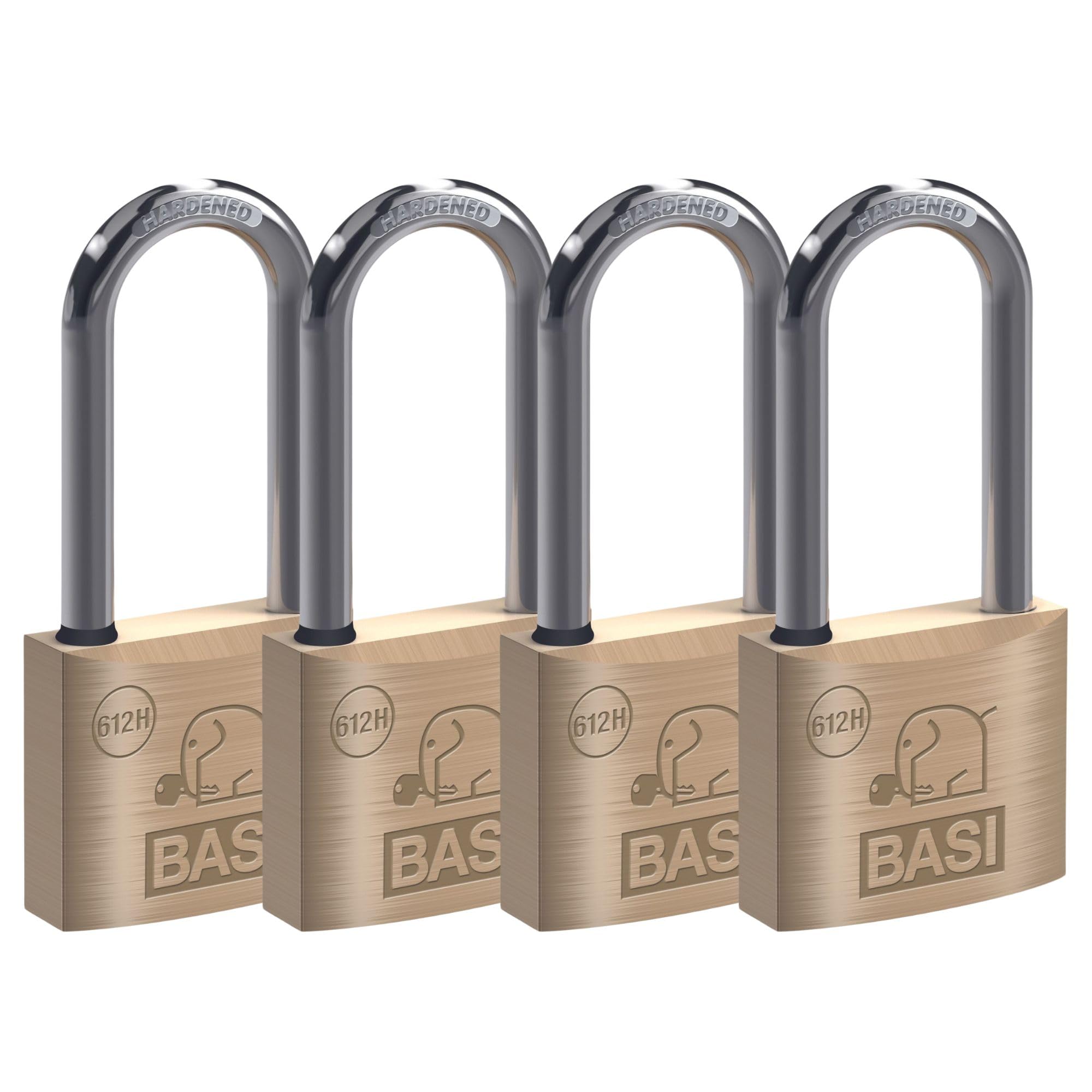 BASI | Vorhangschloss 4er Set | extra hoher Bügel 63 mm | Wasserstopp | gleichschließend | massives Messing-Gehäuse | gehärteter Stahlbügel | sicheres Vorhängeschloss | 4 Stück