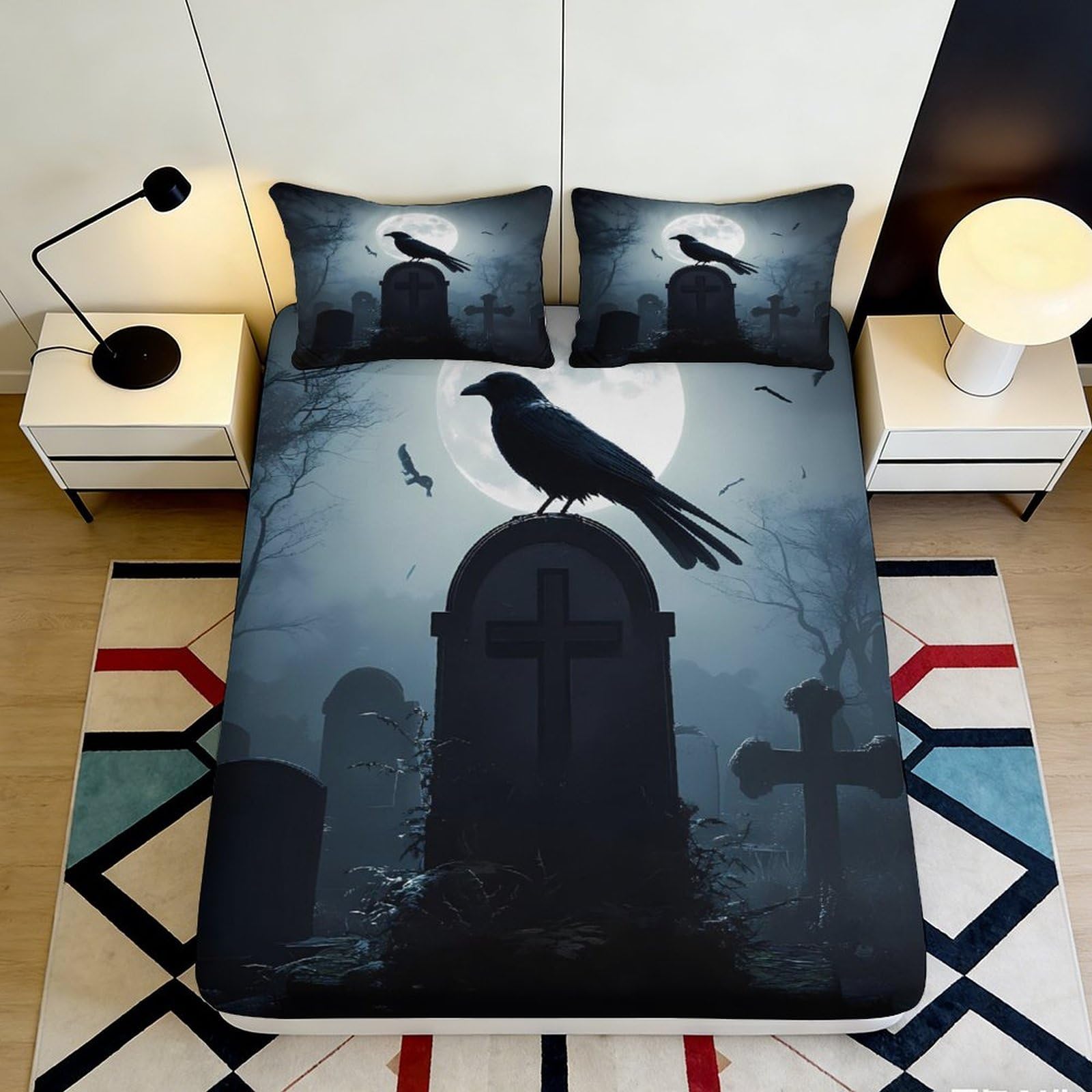 Pnayamiorkfel Style-4 3D Printed Gothic Graveyard Fitted Sheet Microfiber Raven Moon Mattress Cover For Bedroom Decor Dorm Room Washable 90X200x25cm
