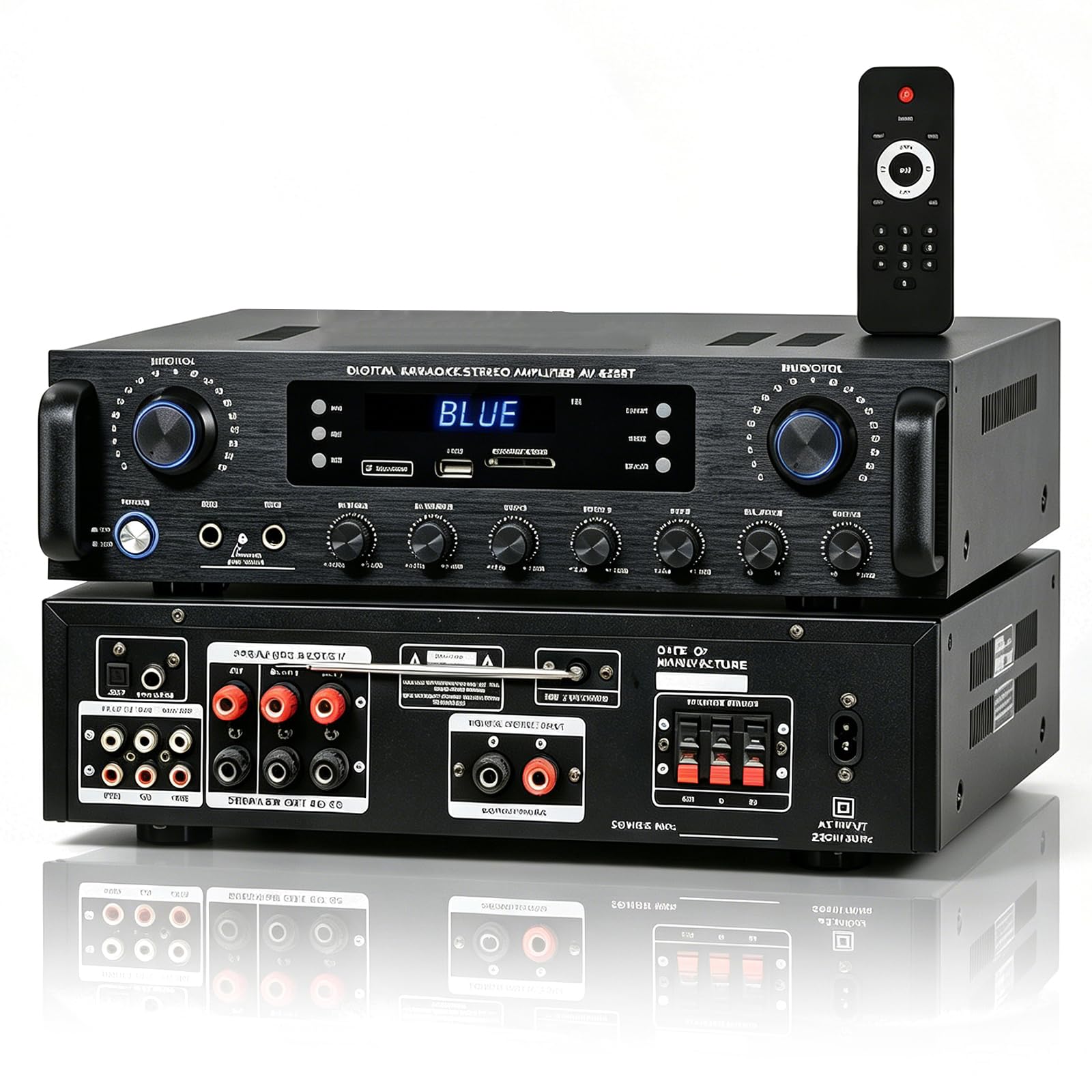 Amplificador De Audio Estéreo HiFi De 5.1 Canales, Amplificador Estéreo Doméstico Bluetooth 5.0, Entrada para Cables USB/RCA/óptica/coaxial, Doble Entrada para Micrófono, Reverberación