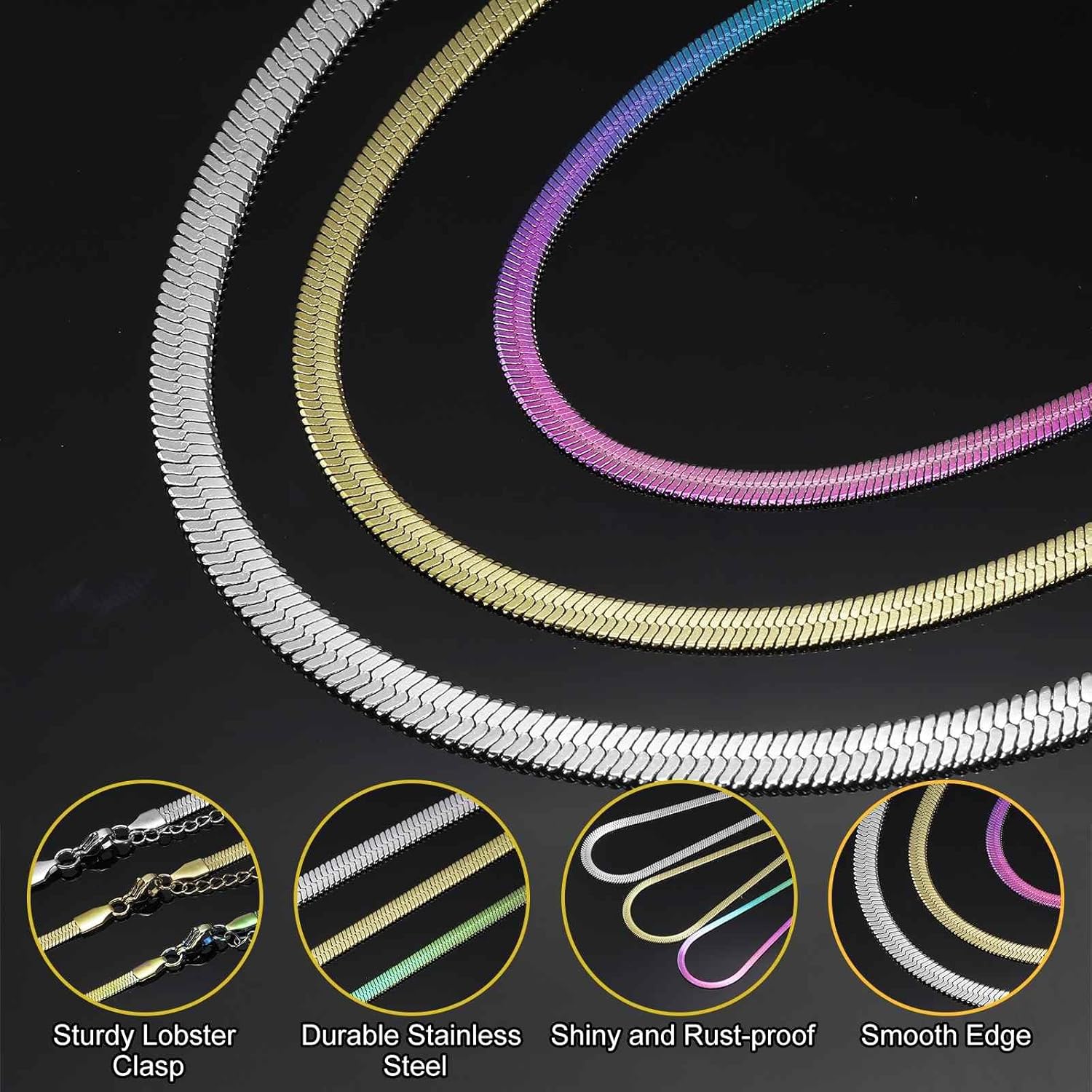 HARFINGTON Herringbone Necklaces Stainless Steel Snake Chain Necklace Adjustable Flat Chain for Women Jewelry Gift - Image 4