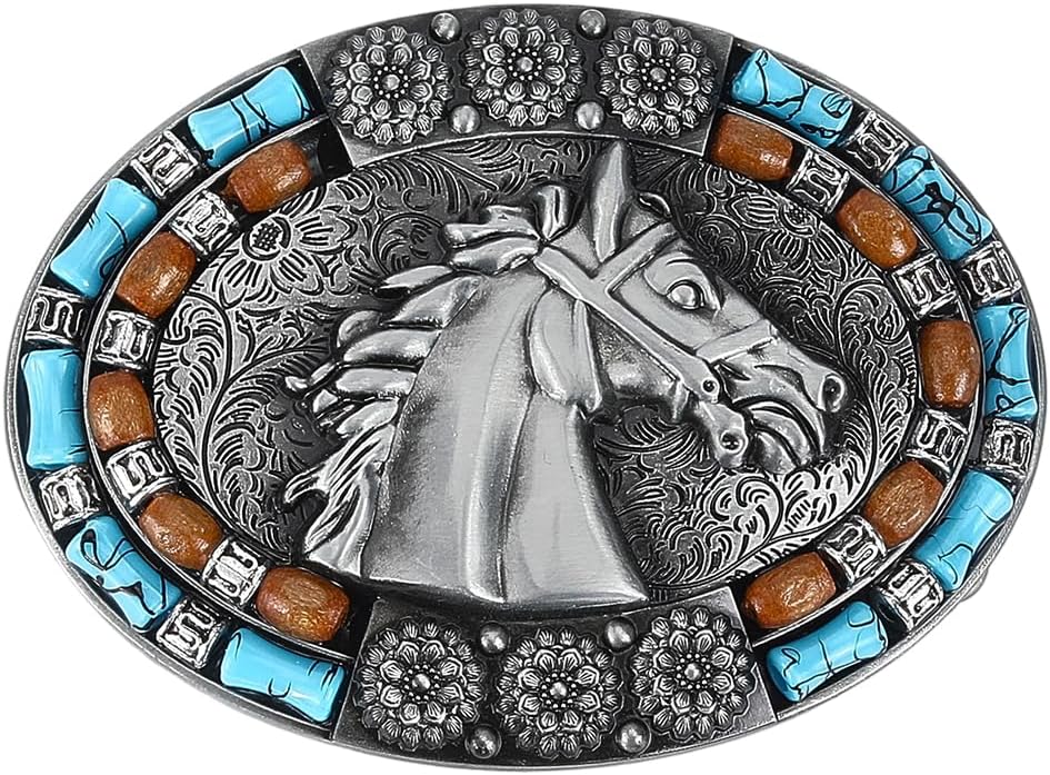 Turquoise Stone Buttons 87×62mm Belt Buckles Men American Western Cowboy Indian Elements Vintage Turquoise Belt Buckle Rectangle with Flower for Women Men's Belt, Antique Silver