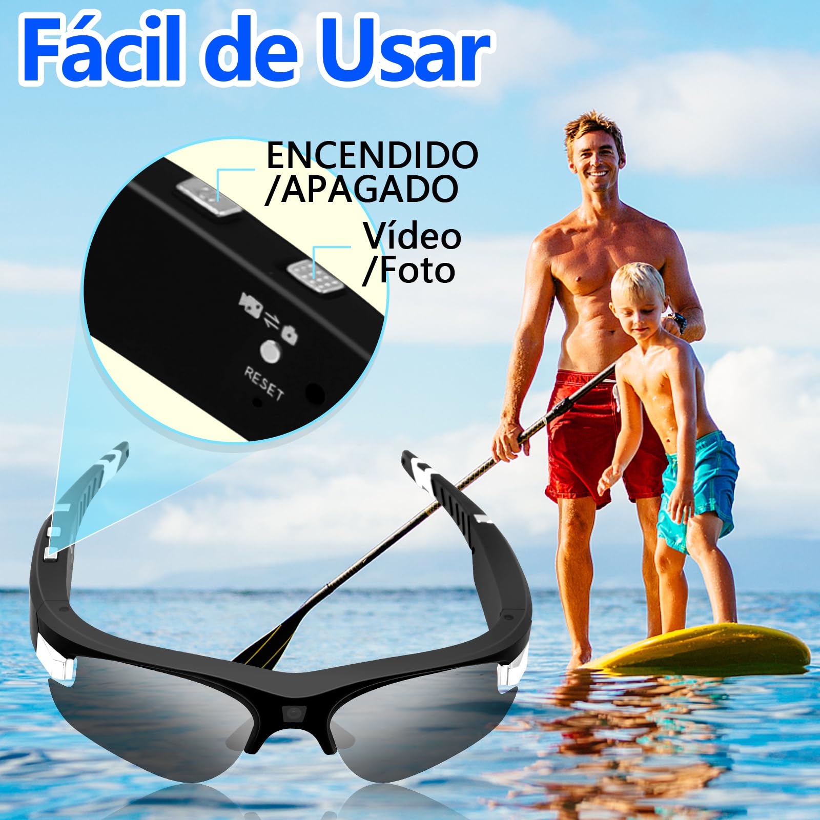 Gafas con Camara, 1080P HD Action CAM, Lente Polarizada y de un Solo Toque Gafas Camara con 160 Minutos de Tiempo de Funcionamiento Admite Grabación de Vídeo y Toma de Fotografías