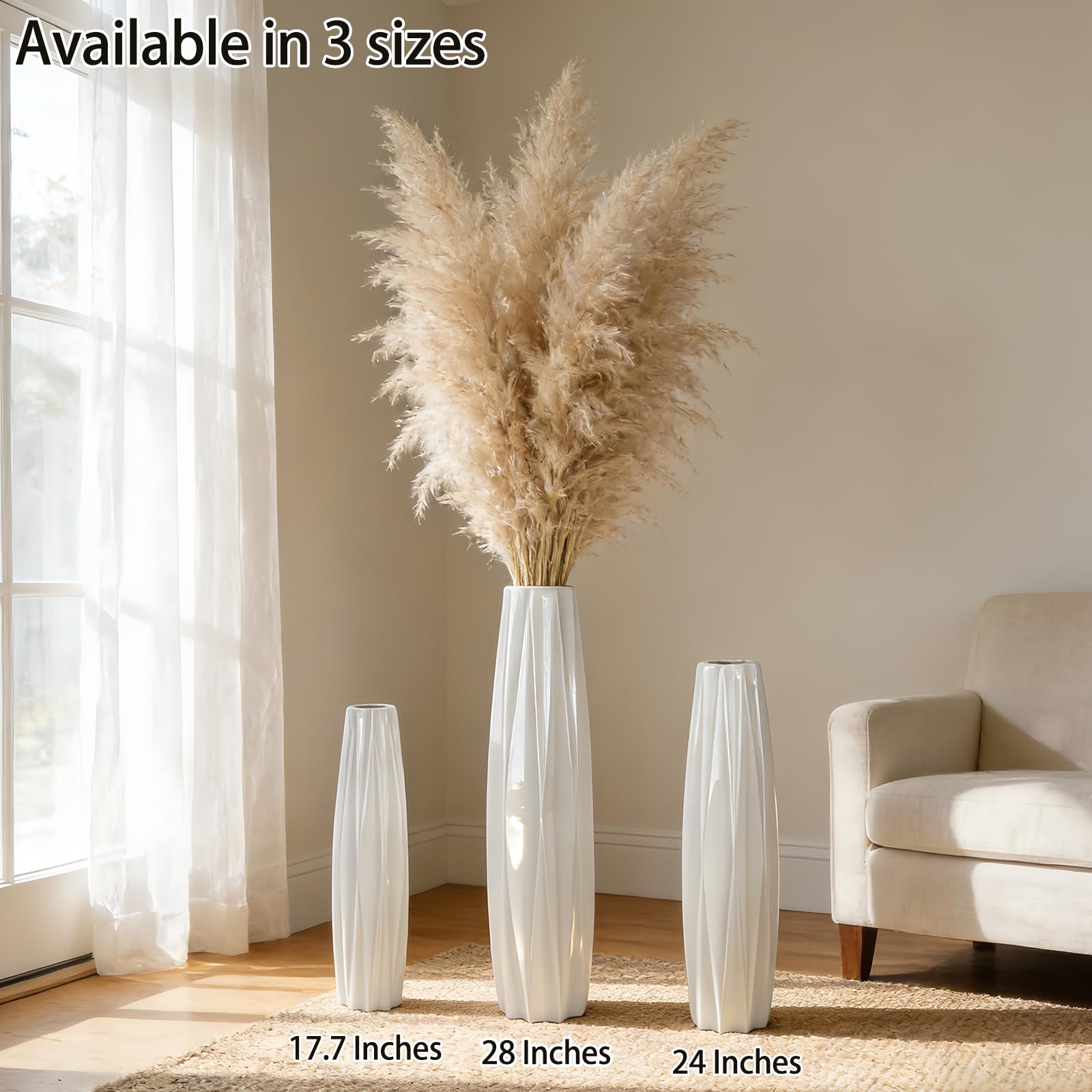 Moderne Weiße Keramik Bodenvase 71cm,Große Vase für Blumen, Stilvolle Dekoration für Wohnzimmer, Büro, Schlafzimmer, Minimalistisches Design