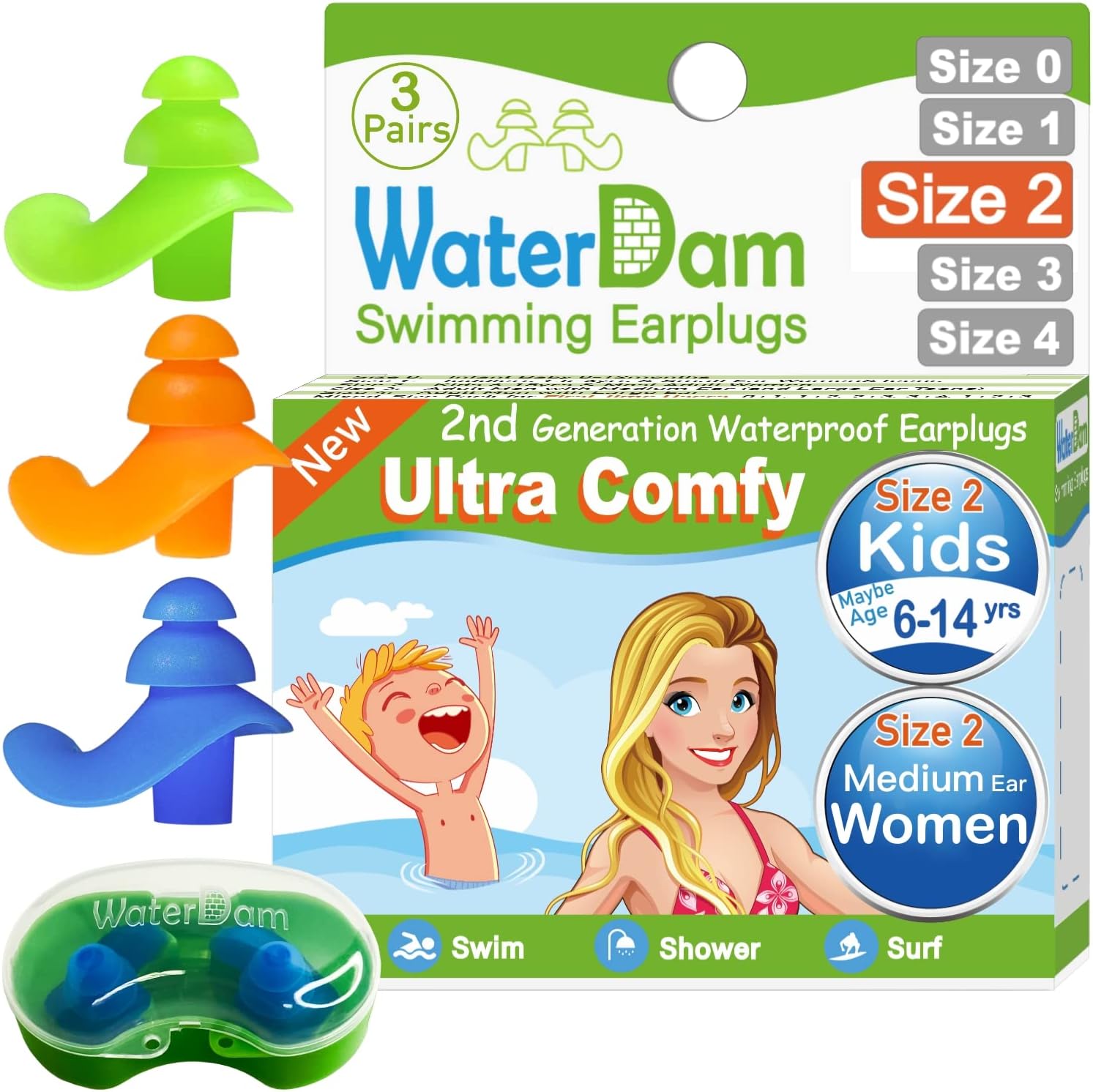 WaterDam Swimming Ear Plugs Great Waterproof Ultra Comfy Earplugs Prevent Swimmer's Ear (Size 2