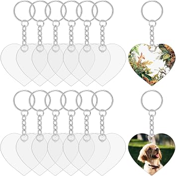 12PCS Clear Acrylic Keychain Blank Heart Love Acrylic Key Chain Blank 12PCS Key Rings with Chain and Jump Rings for Ornament Blanks DIY Keychain Making
