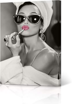 HB Art Design Audrey Hepburn Style Wall Art Pink Lips Canvas Print Lipstick Makeup Iconic Pop Art Glam Fashion Black and White Wall Art Bedroom Vanity Decoration Vintage Gift for Women - 12x8