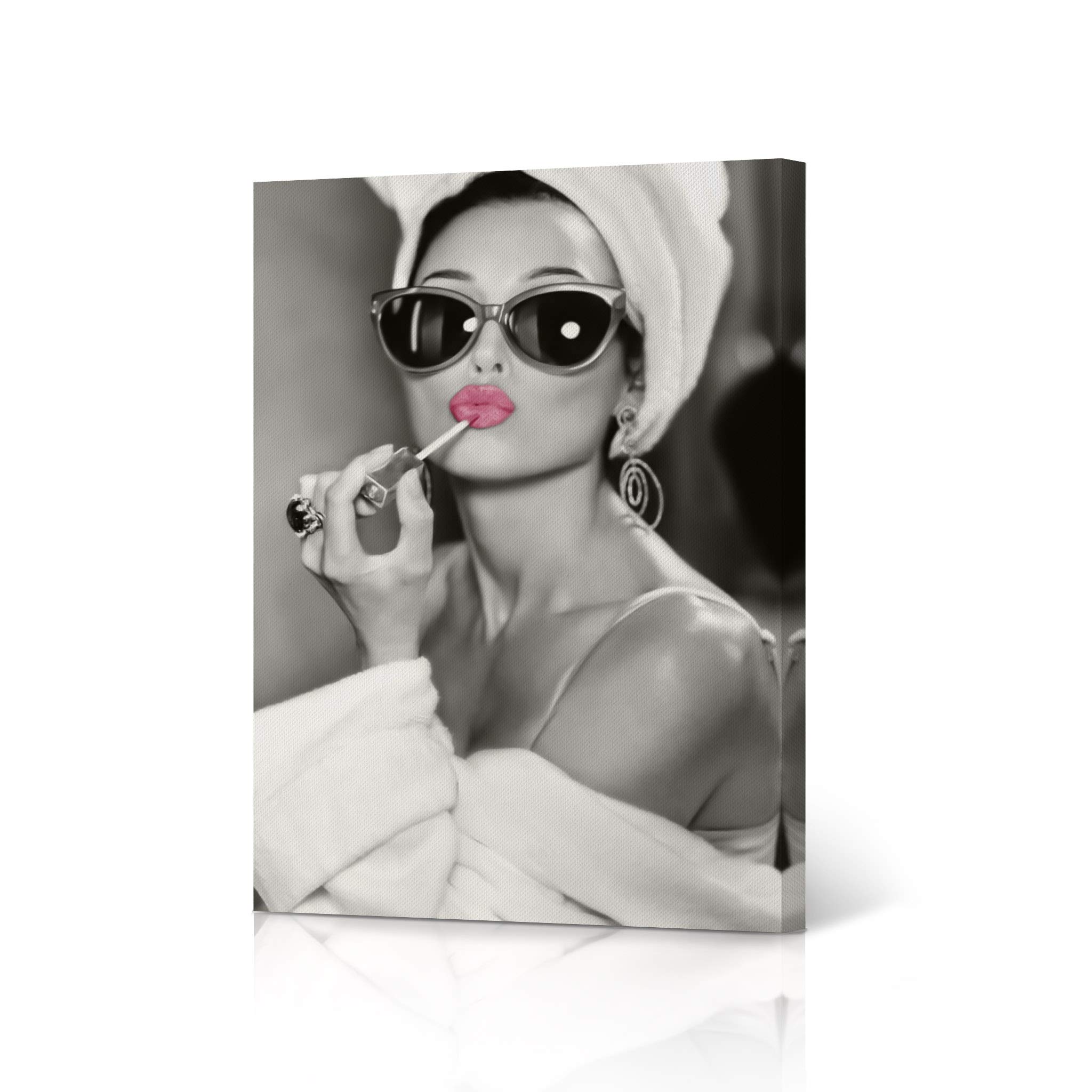 HB Art Design Stampa artistica da parete in stile Audrey Hepburn, motivo labbra rosa, rossetto, iconico, pop art, glam alla moda, in bianco e nero, decorazione da parete per camera da letto, regalo