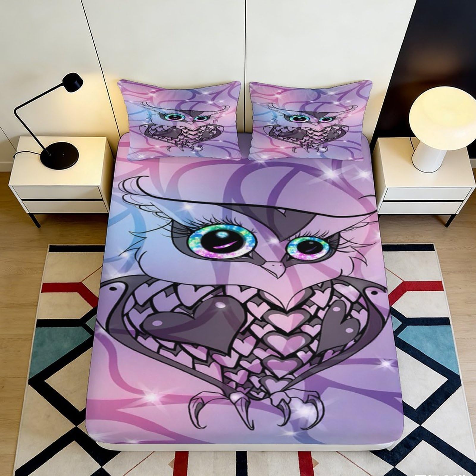 3D Printed Purple Owl Fitted Sheet Microfiber Soft Non-slip Bedroom Decor Cartoon Bird Bed Cover for Home Guest Room 90x200x25cm