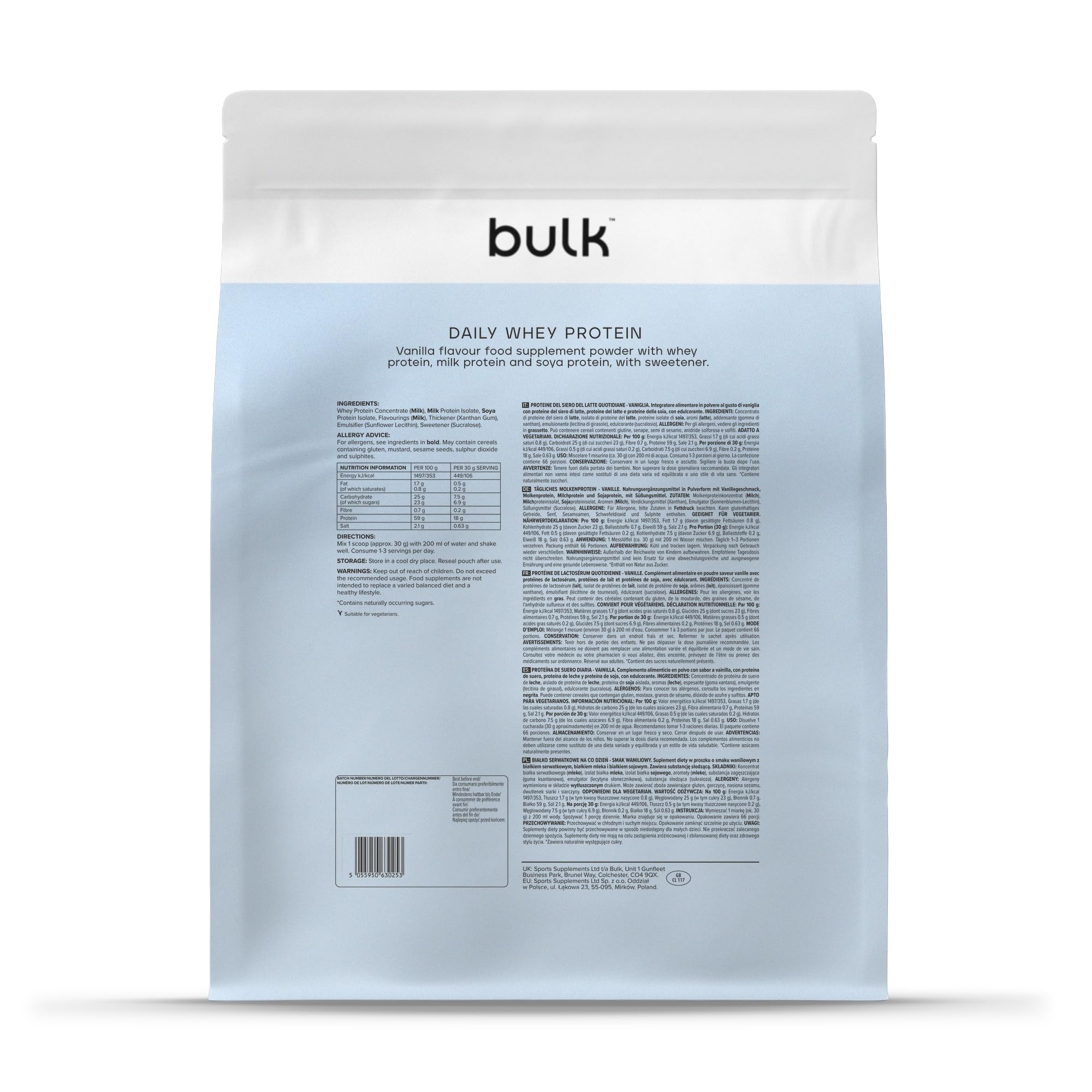 Bulk Daily Whey Protéine en Poudre, Vanille, 2kg