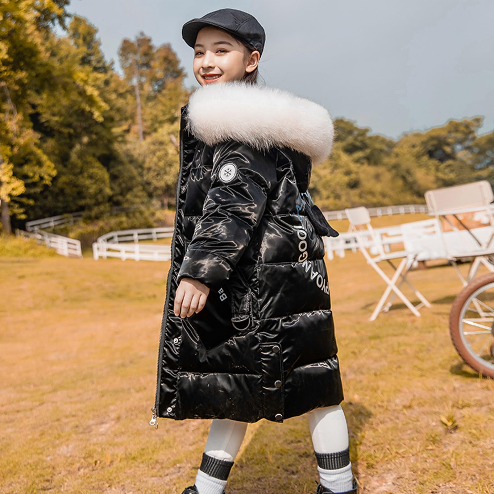 Giacca Trapuntata Bambina con Cappuccio con Collo in Pelle Cappotto Piumino Ragazza per Inverno