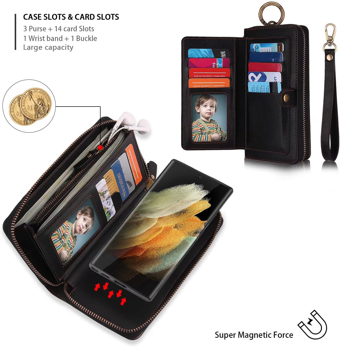 LITOU AIFENGCASE Compatible with Samsung Galaxy S22 Plus Phone Wallet Case for Women Men,Wristlets Clutch Zipper Leather Pouch Case Card Holder Magnetic Detachable Back Cover,Black, For S22 Plus