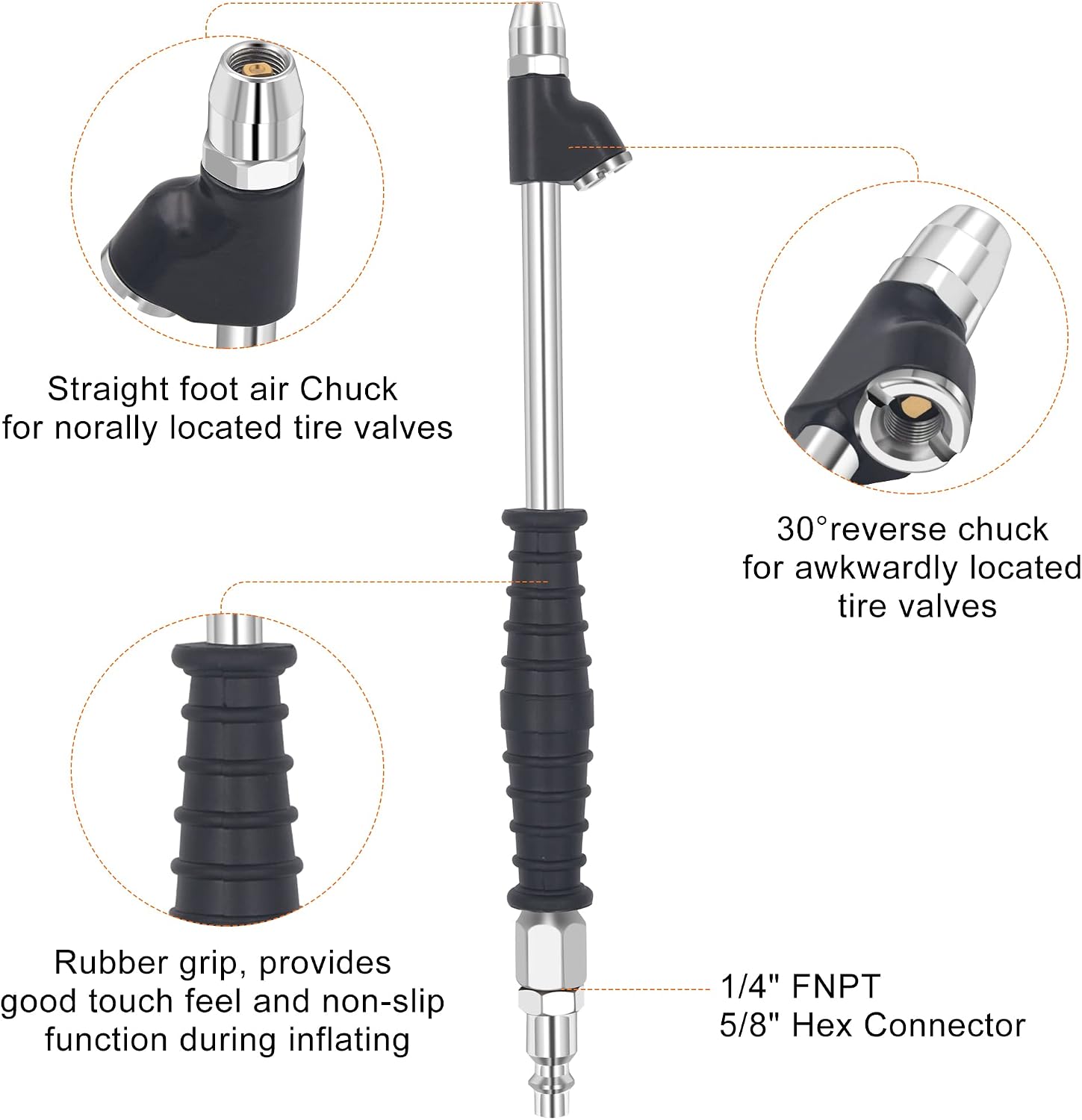 SAFELIFE 1/4" FNPT Straight Foot Dual Head Air Chuck, 9.4" Extended Reach Tilt Lock Tire Inflator Chuck with Grip Handle, 2-Way Connection Tire Chuck with Quick Plug for Semi, RV, Truck Dually Tires