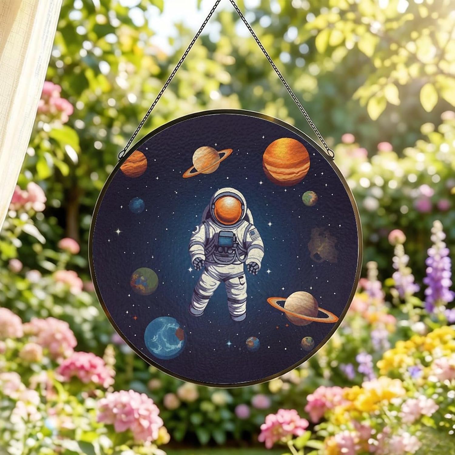 Space Astronaut Stained Glass Suncatcher for Garden, Window Hanging image 2