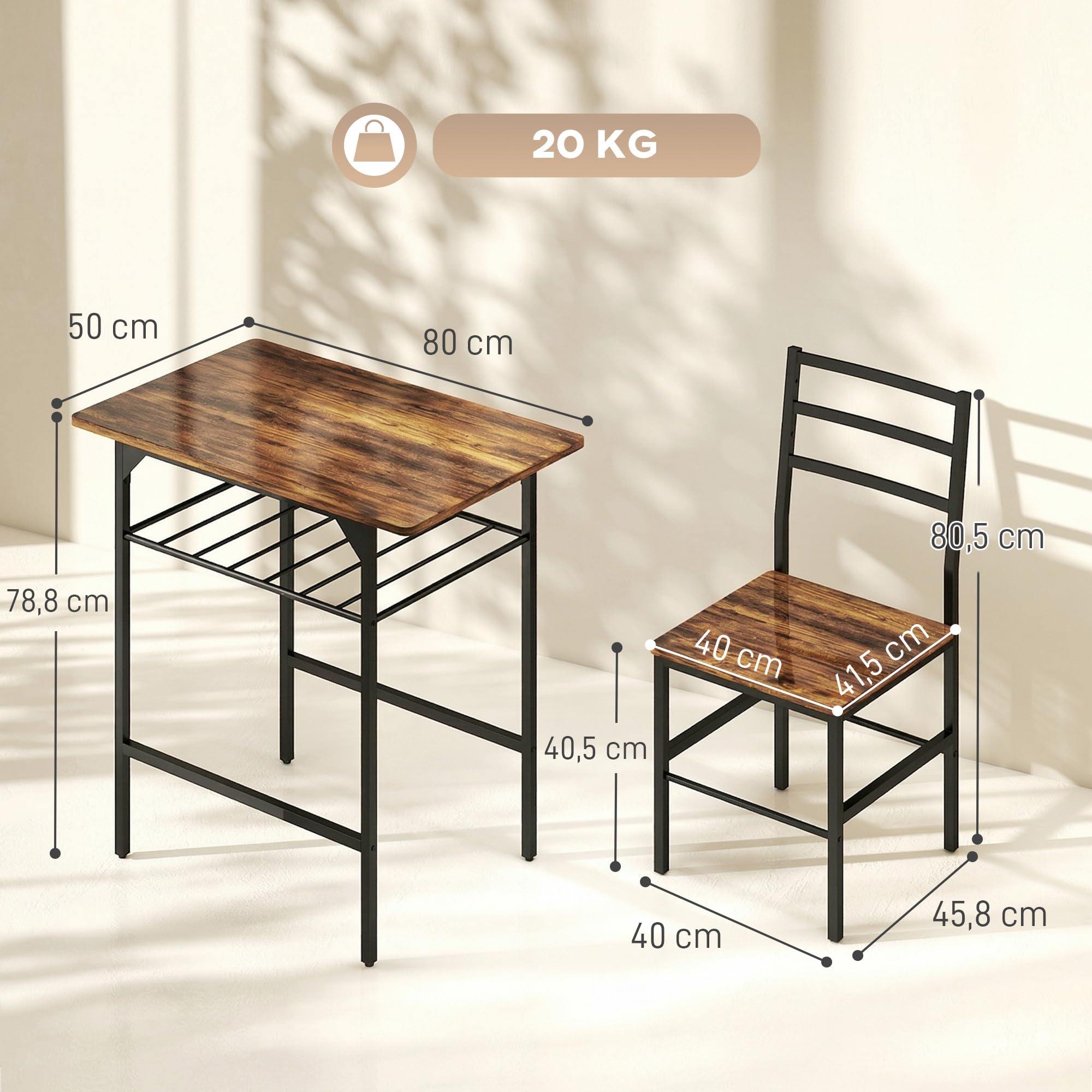 HOMCOM Ensemble Table Salle à Manger avec 2 chaises, Table de Cuisine pour 2 Personnes, étagère de Stockage, Cadre métallique, Style Industriel, idéal pour Espace réduit, Brun Rustique