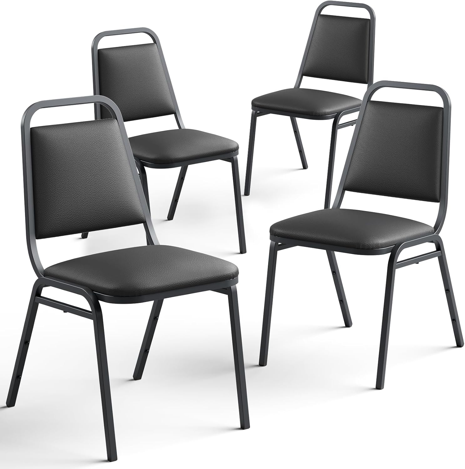 4 Pack Stacking Chairs No Assembly, Black Padded Reception Chairs with Built-in Handle, 300lbs Capacity Waiting Room Conference Office Guest Chairs Set of 4 for Home Restaurant