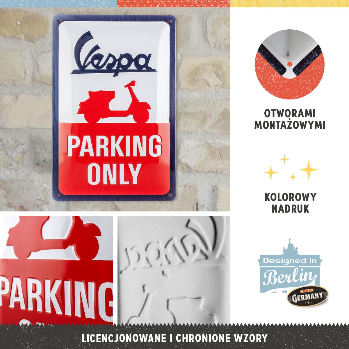 Nostalgic-Art Retro tabliczka z blachy, 20 x 30 cm, Vespa – Parking Only – Pomysł na prezent dla miłośników skuterów, Official License Product (OLP), z metalu, Styl vintage