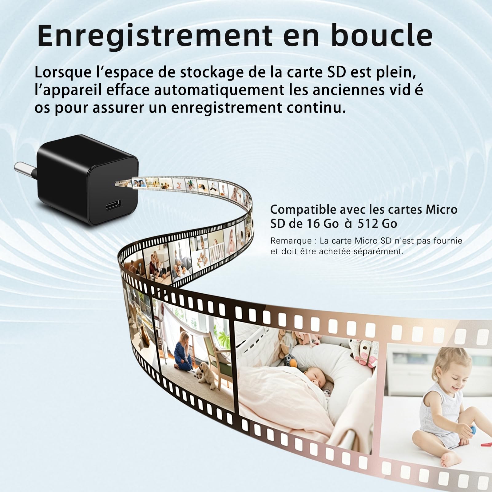 Mini caméra HD 1080P, caméra de sécurité domestique portable plug‑and‑play | détection de mouvement, idéale pour la surveillance 24h des enfants, animaux de compagnie, bureau et entrepôt, sans Wi-Fi.