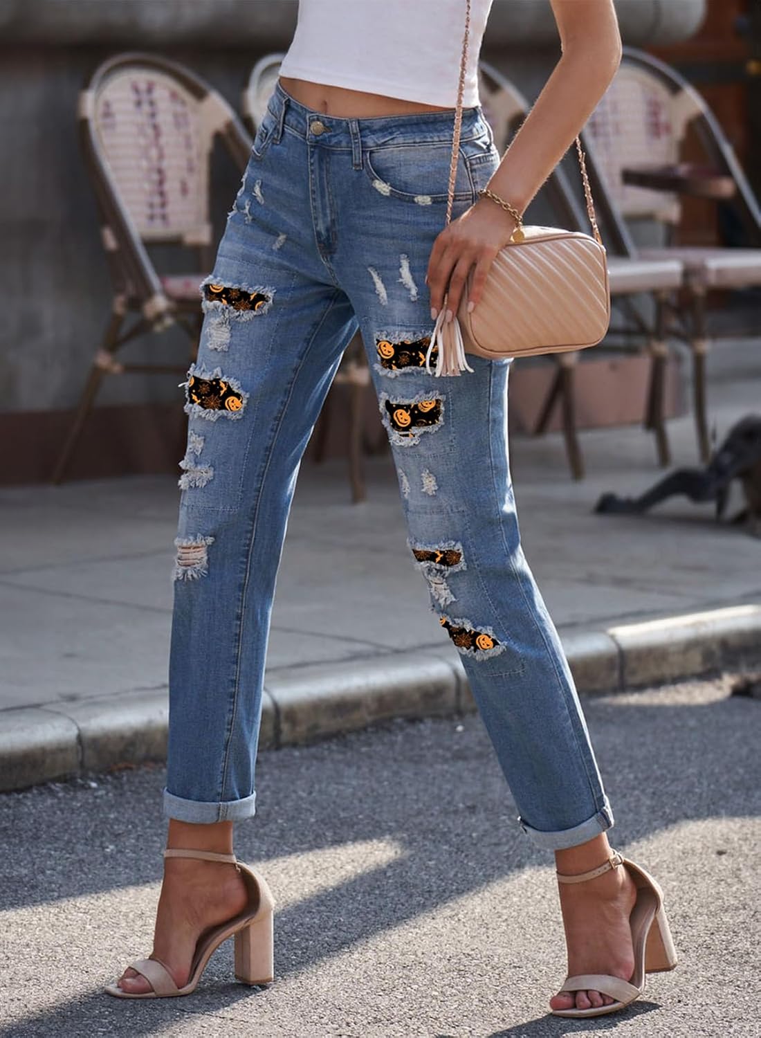 EVALESS Ripped Jeans for Women Plaid Patch Boyfriend Skinny Distressed Denim Jean Pants