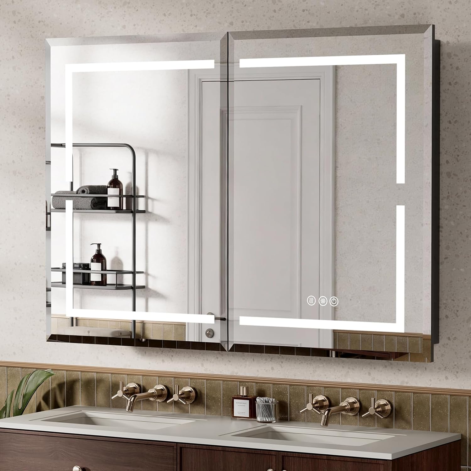 16X24 Inch Bathroom Medicine Cabinet, Adjustable 3-Color Brightness Dimming LED Mirror Recessed, Black