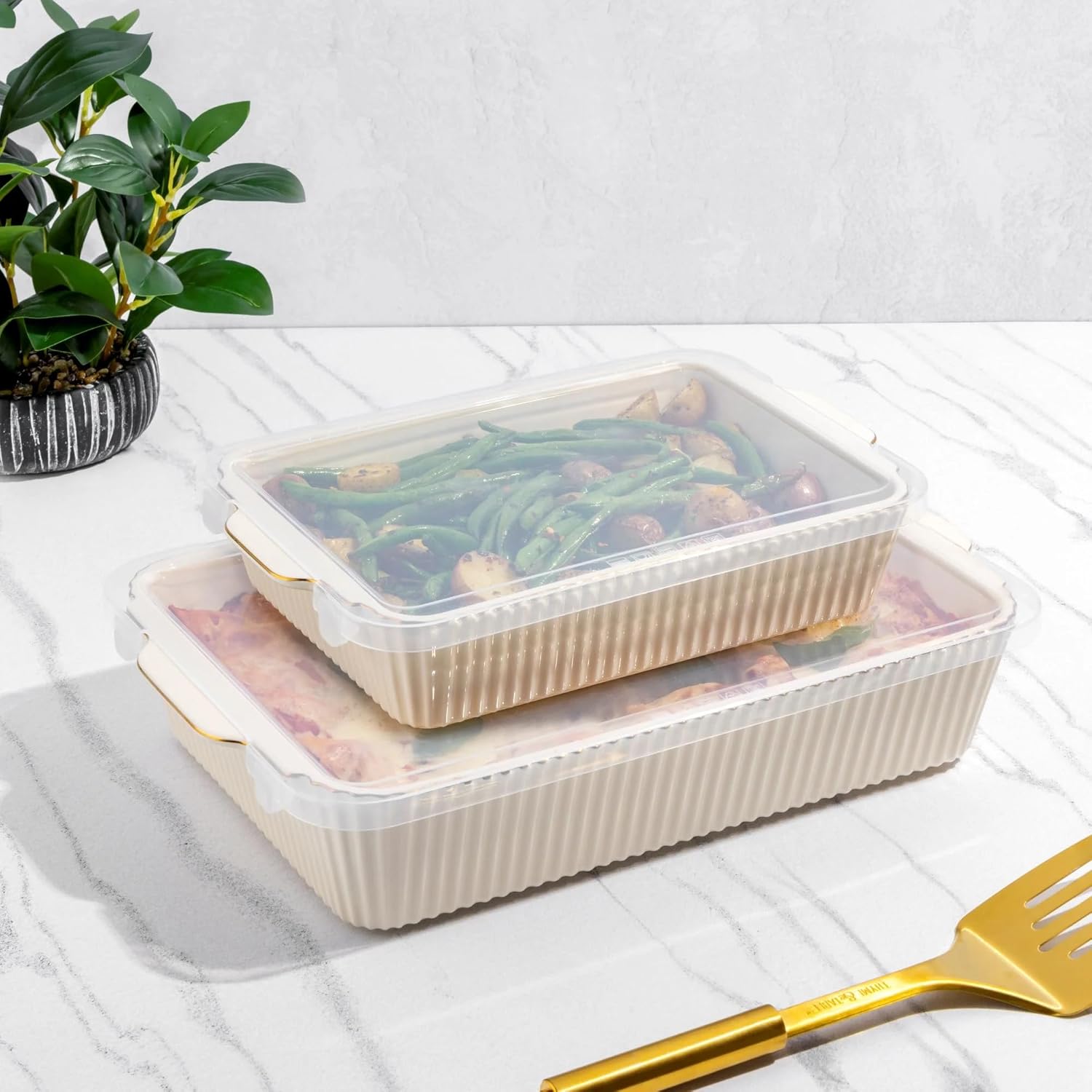 2-Piece Stoneware Casserole Dish Bakeware Set with Lids, White Ribbed – Includes 9"x13" and 7"x10" Baking Dishes with Covers, Oven to Table Serving, Lasagna Pan
