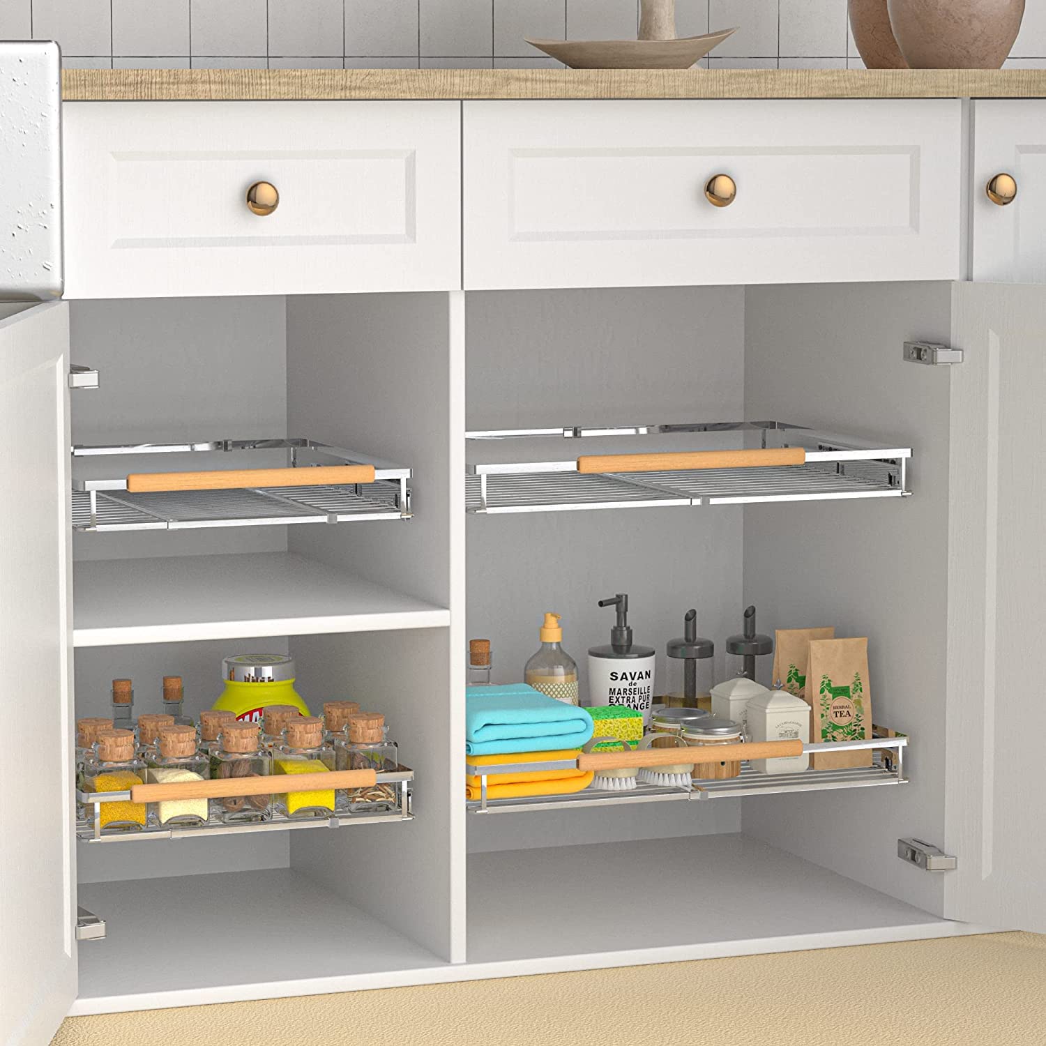 Mihauuke Tiroirs Coulissants Métalliques - Paniers Rangement Extensibles Pour Placard Cuisine Salle De Bain