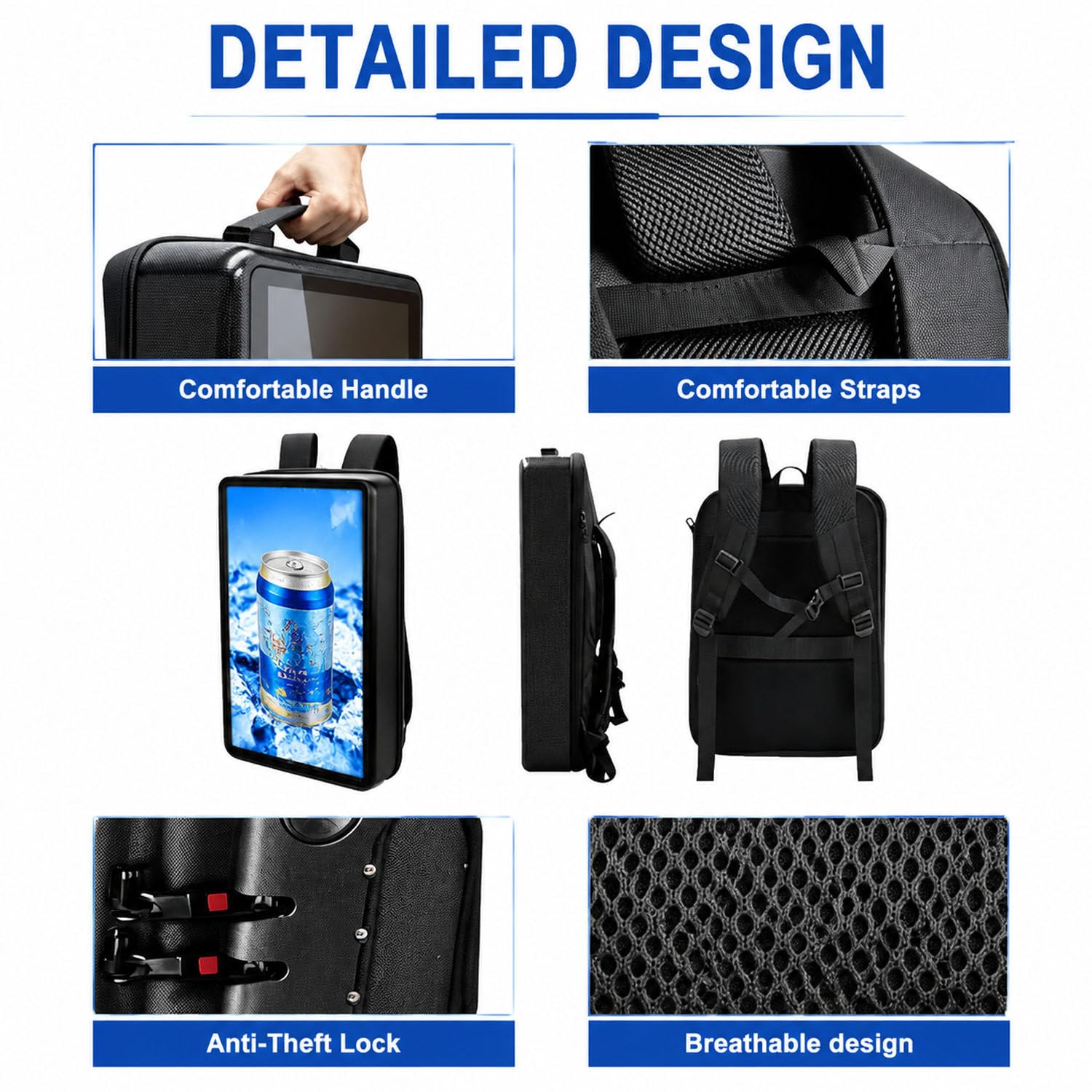 Zaino pubblicitario LCD da 21,5",sistemas operativo Android USBflashdrive | Display digitale con luminosità di 1000 nit, con app per chiavetta USB/smartphone.