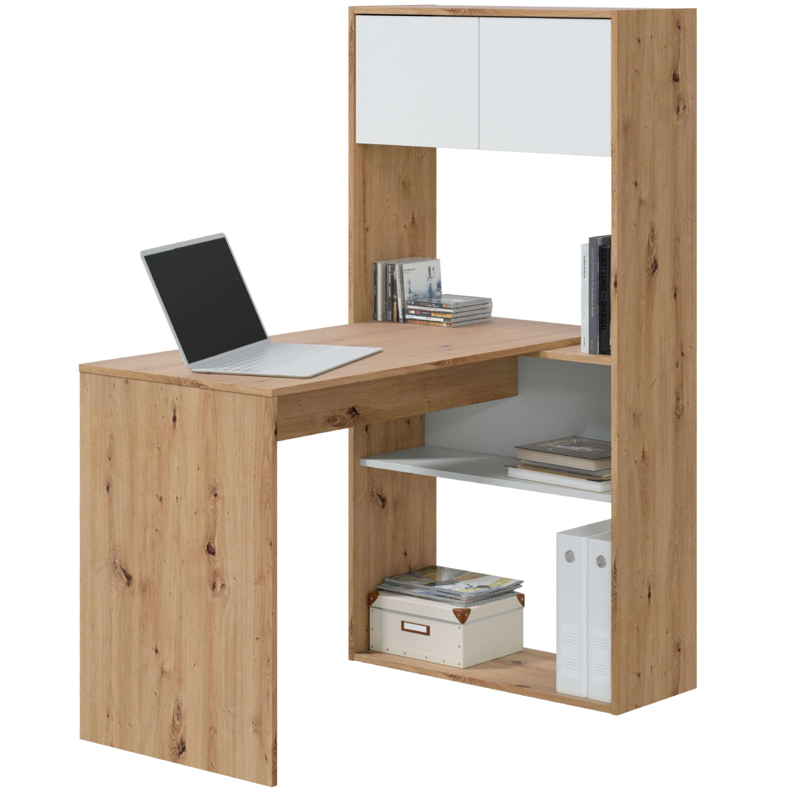 Habitdesign Duo Schreibtisch Mit 3-Fach Positionierbarem Bücherregal – Flexibles Aufbewahrungssystem In Eiche Nodi Und Arktisweiß, Ideal Für Homeoffice, Jugendzimmer Oder Arbeitsbereich, Modell
